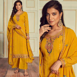 Yellow Embroidered Georgette Palazzo Suit - Peachmode