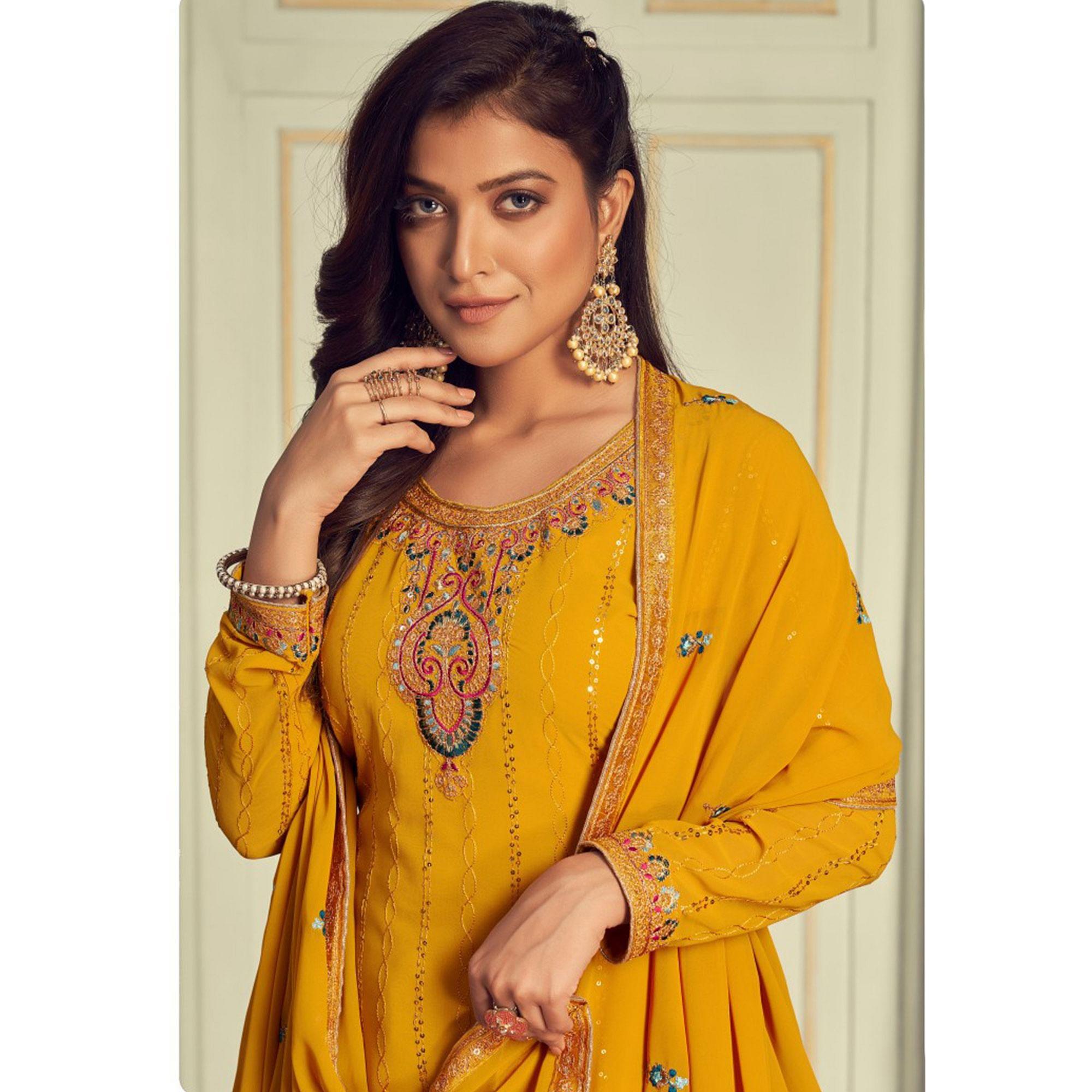 Yellow Embroidered Georgette Palazzo Suit - Peachmode