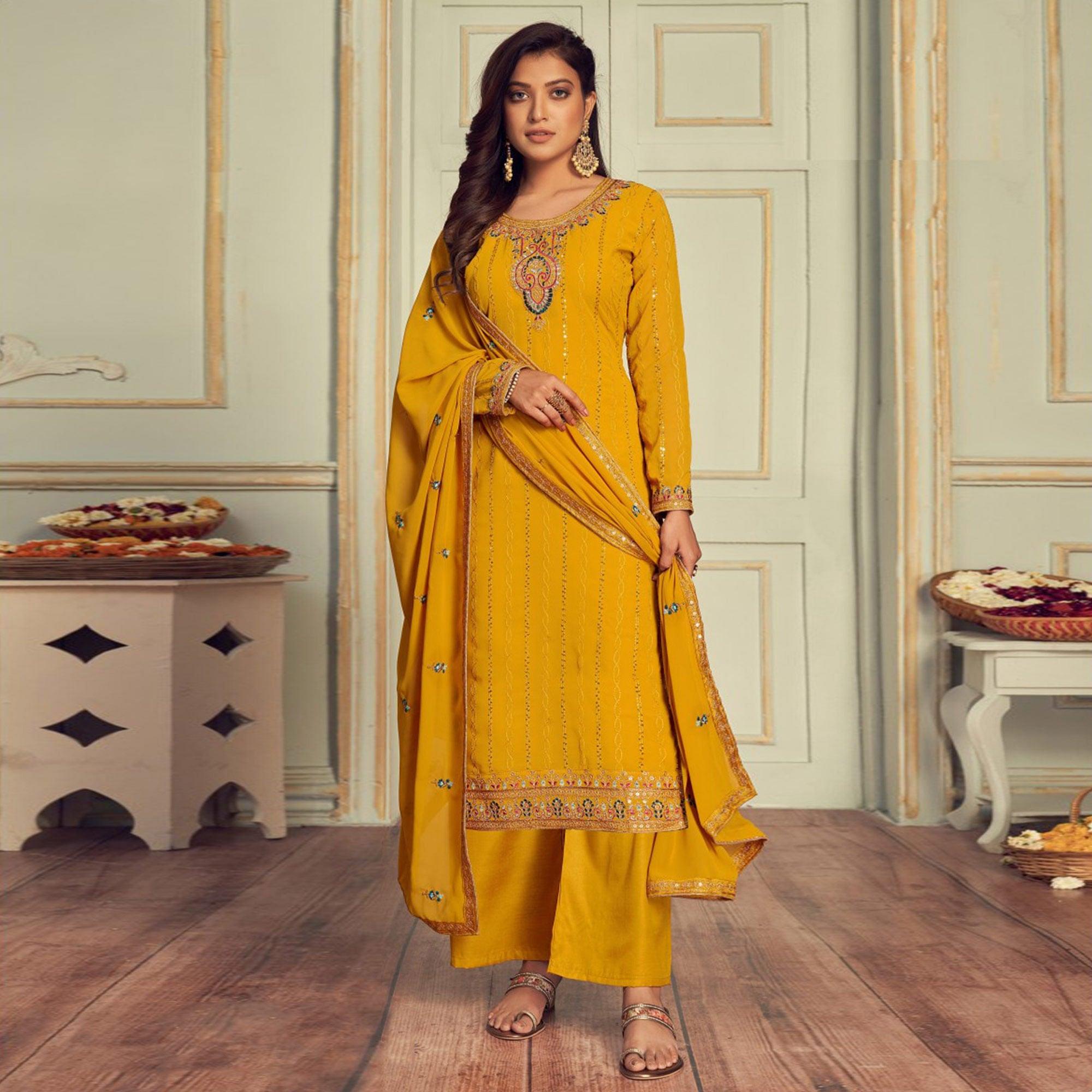 Yellow Embroidered Georgette Palazzo Suit - Peachmode