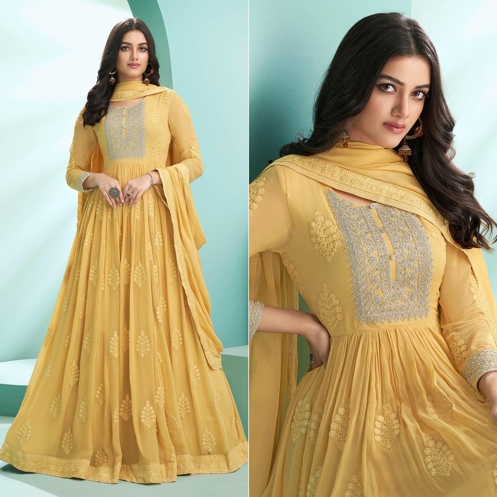 Yellow Embroidered Georgette Partywear Gown - Peachmode