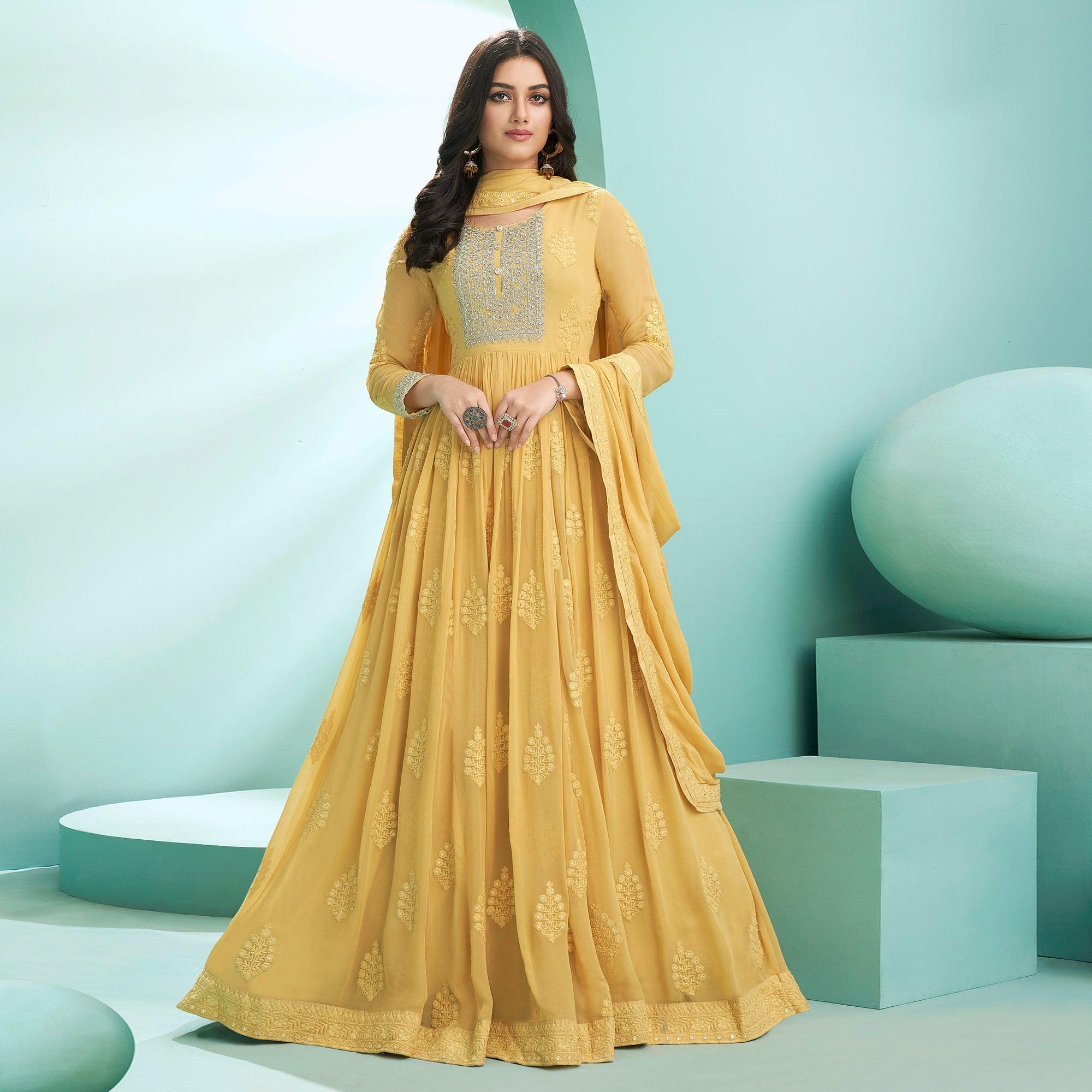 Yellow Embroidered Georgette Partywear Gown - Peachmode