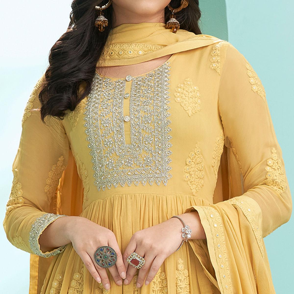 Yellow Embroidered Georgette Partywear Gown - Peachmode