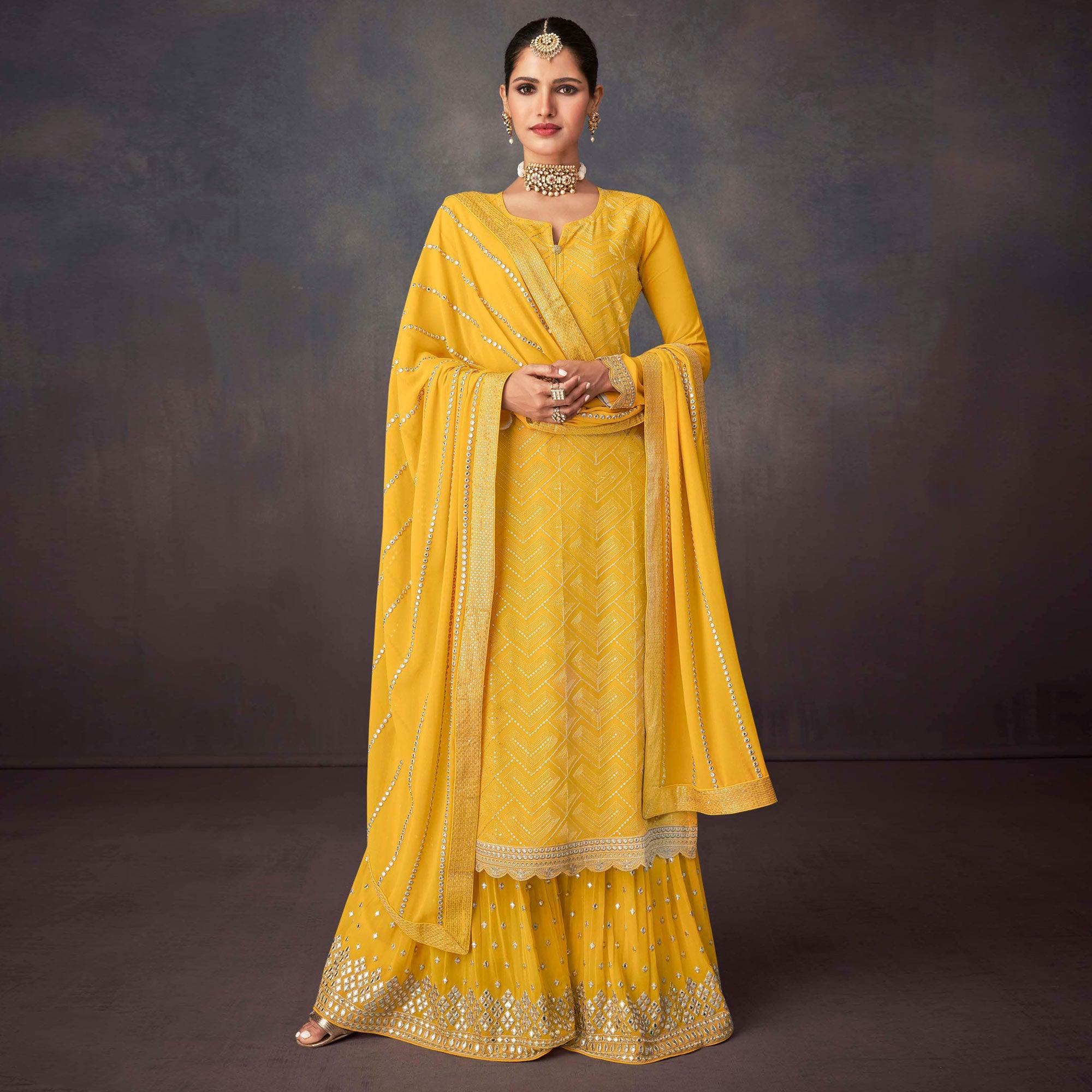 Yellow Embroidered Georgette Sharara Suit - Peachmode