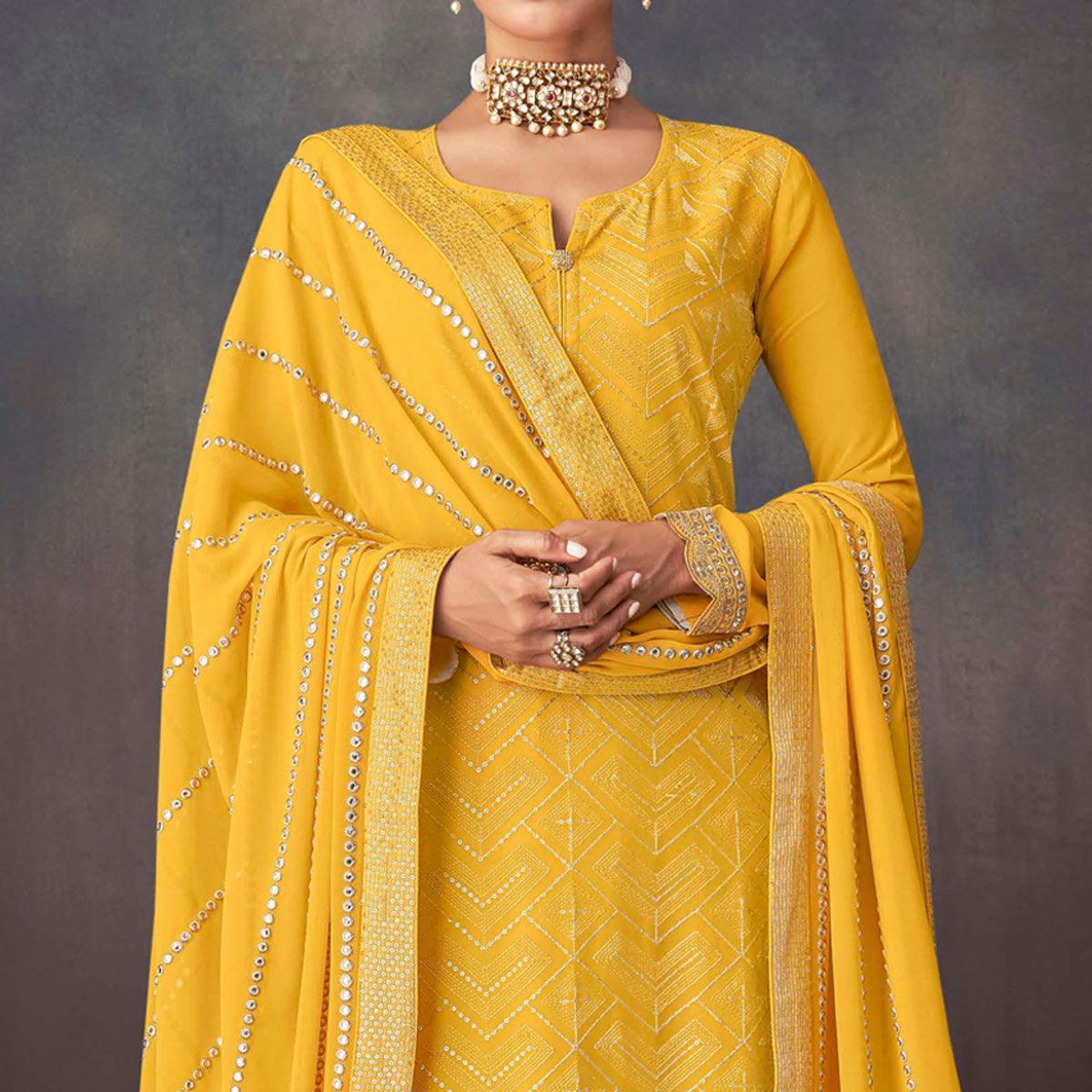 Yellow Embroidered Georgette Sharara Suit - Peachmode