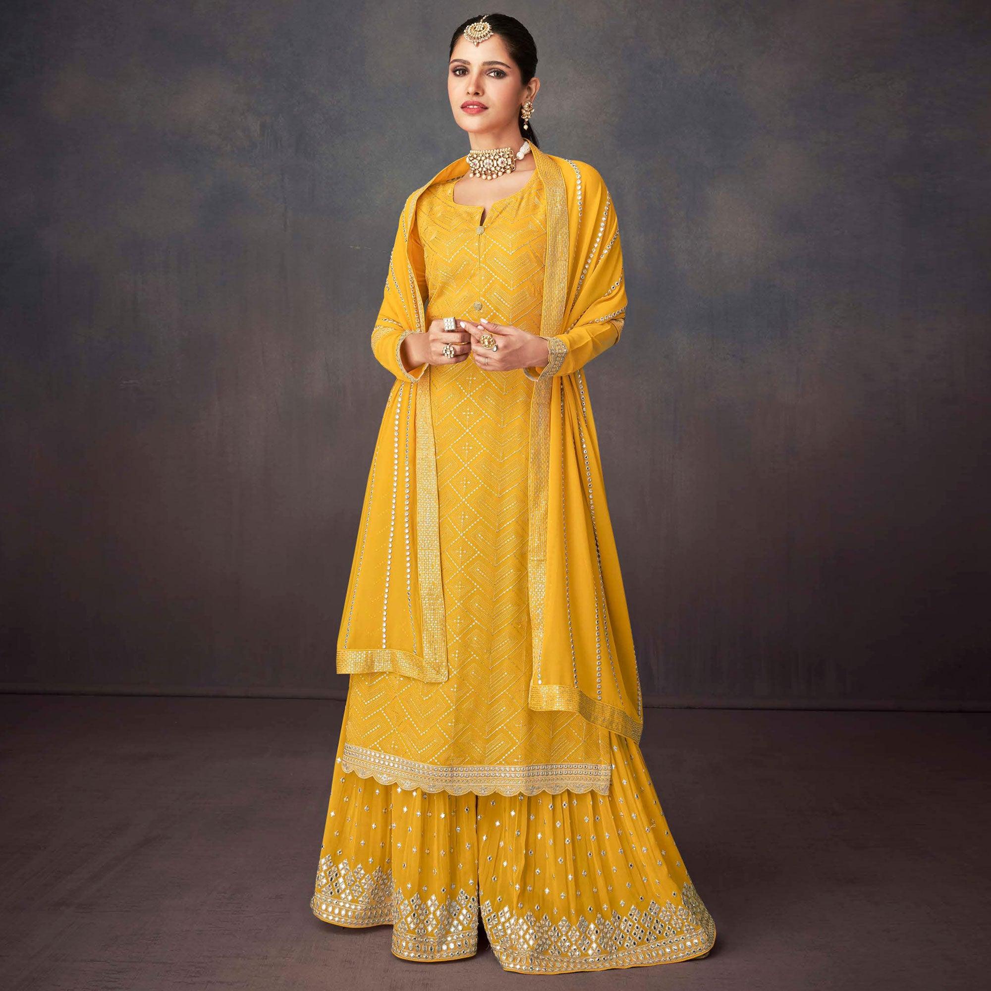Yellow Embroidered Georgette Sharara Suit - Peachmode
