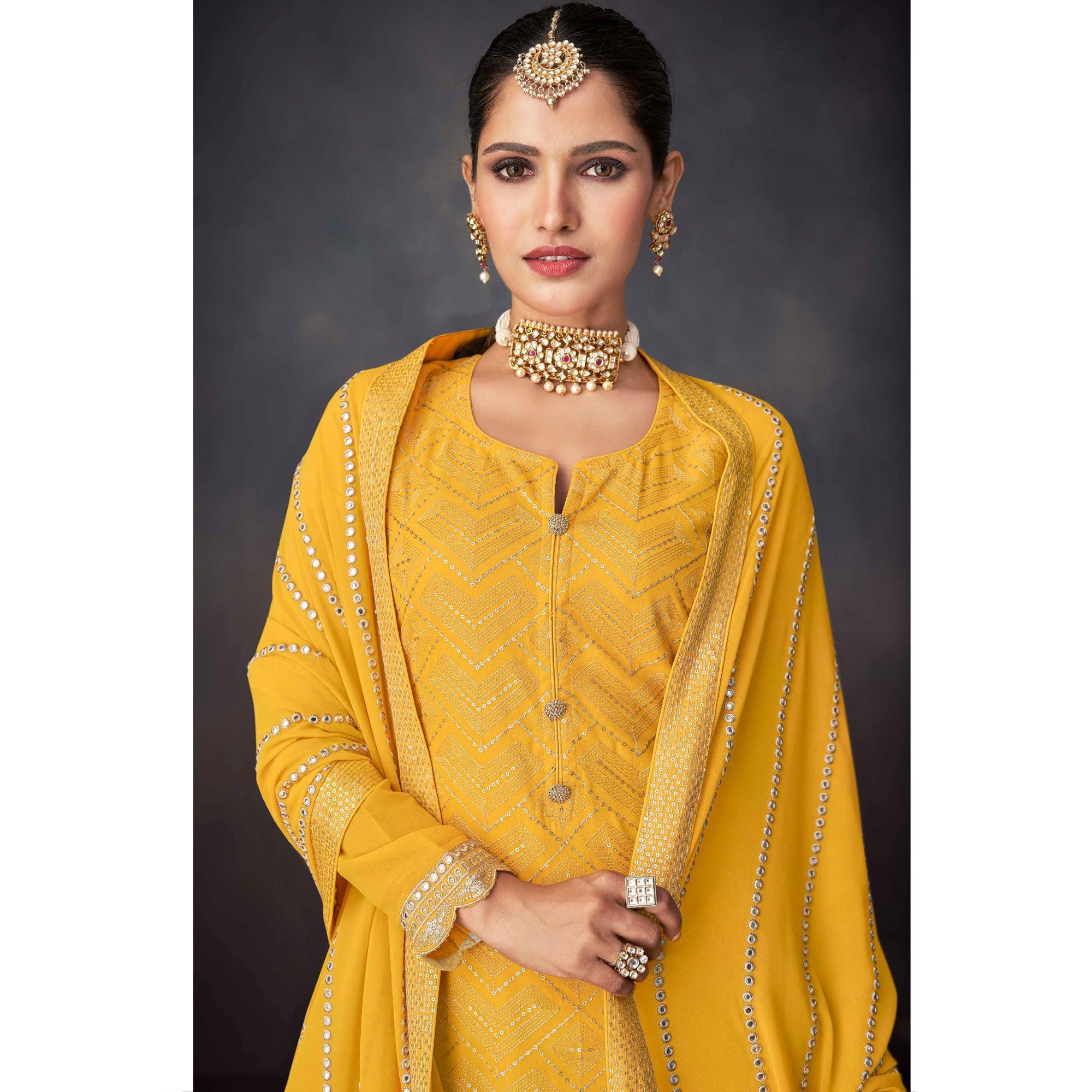 Yellow Embroidered Georgette Sharara Suit - Peachmode