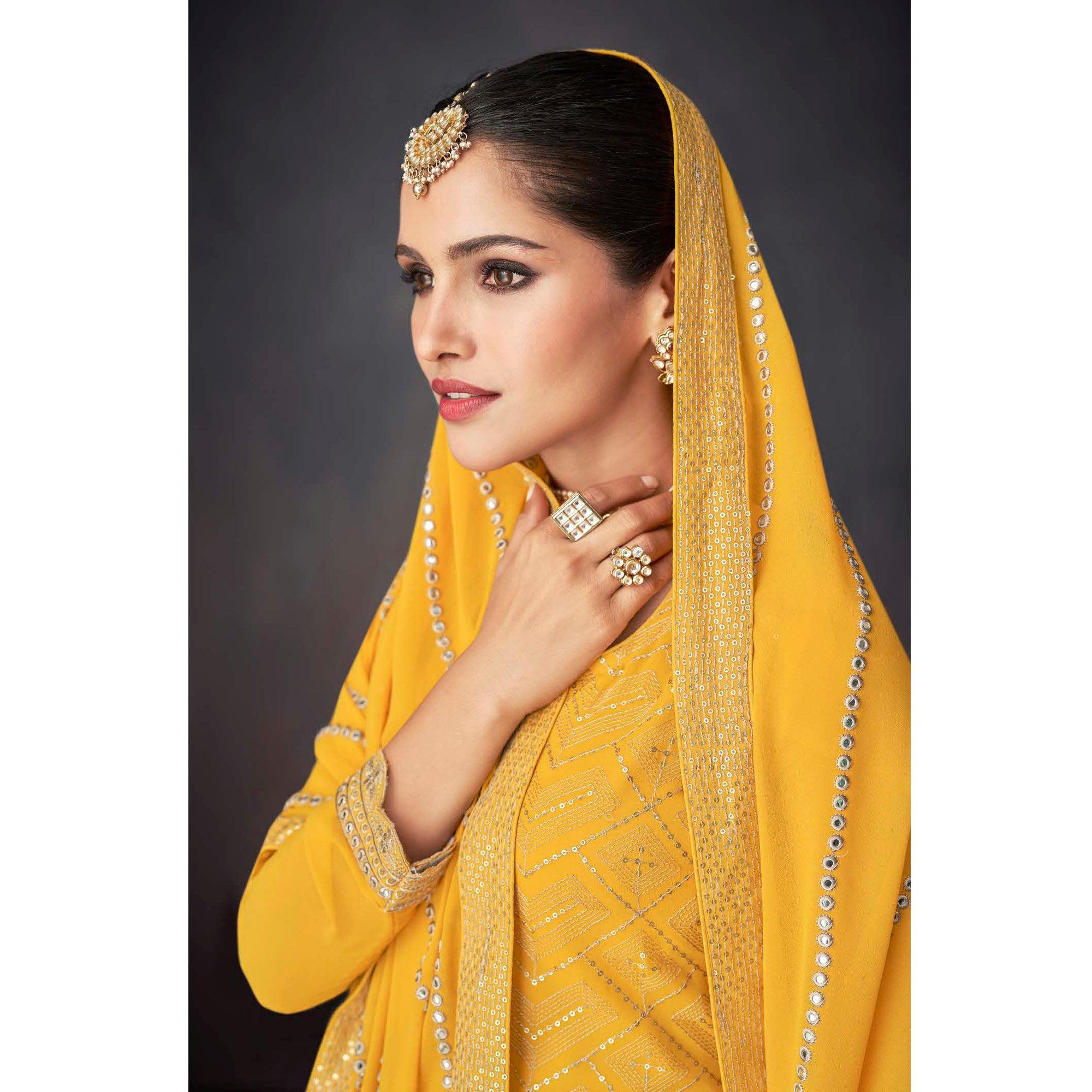 Yellow Embroidered Georgette Sharara Suit - Peachmode