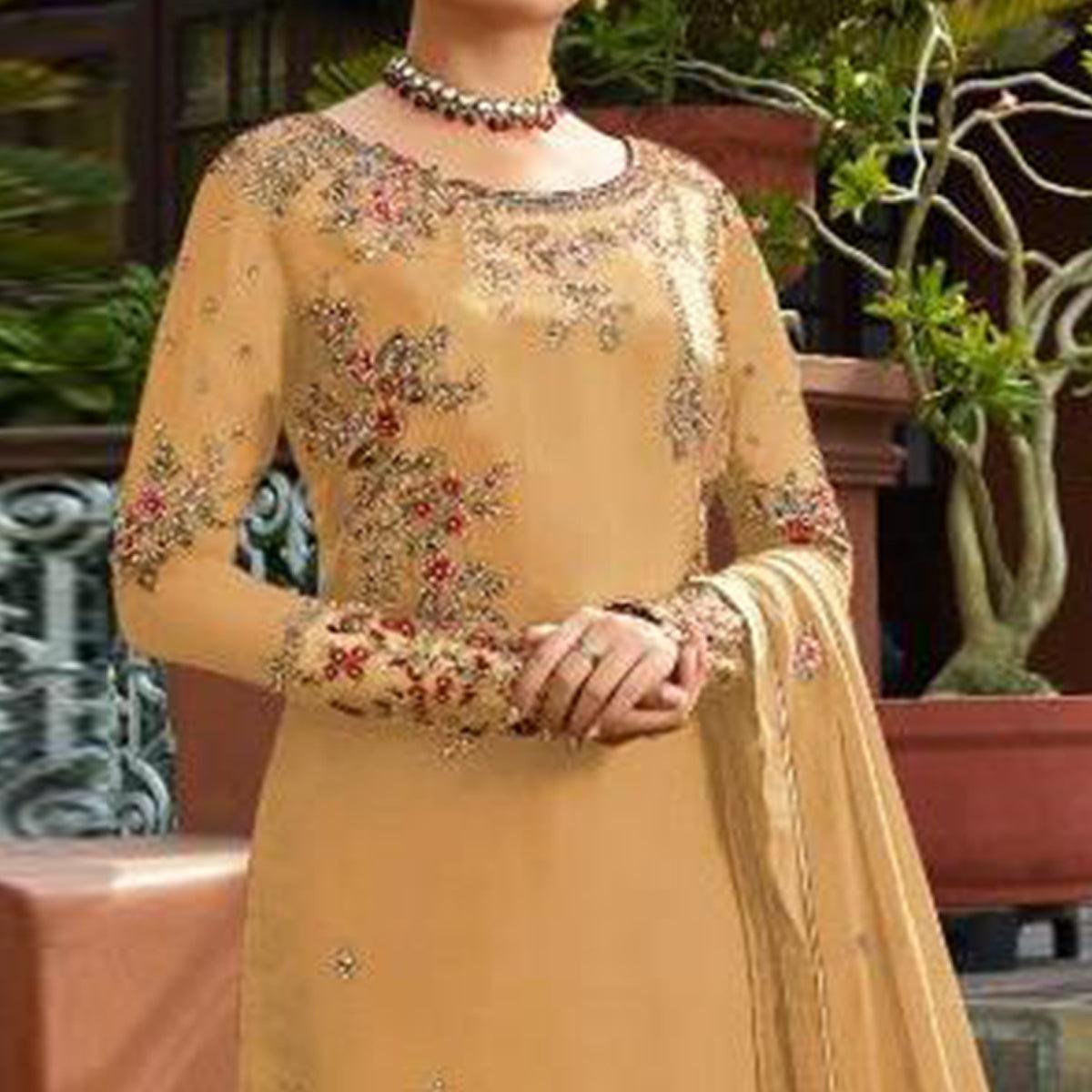 Yellow Embroidered Gerorgette Straight Partywear Suit - Peachmode