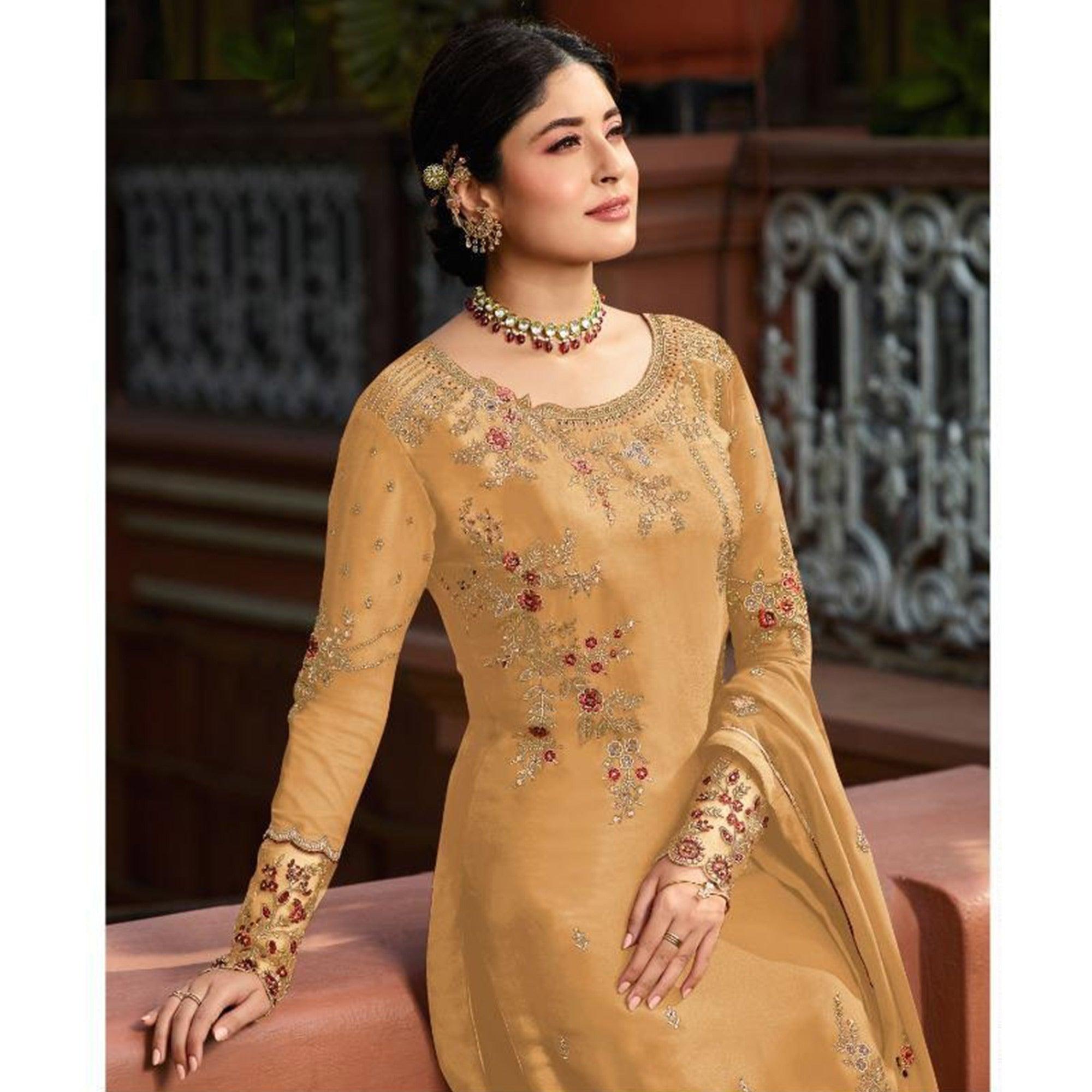 Yellow Embroidered Gerorgette Straight Partywear Suit - Peachmode