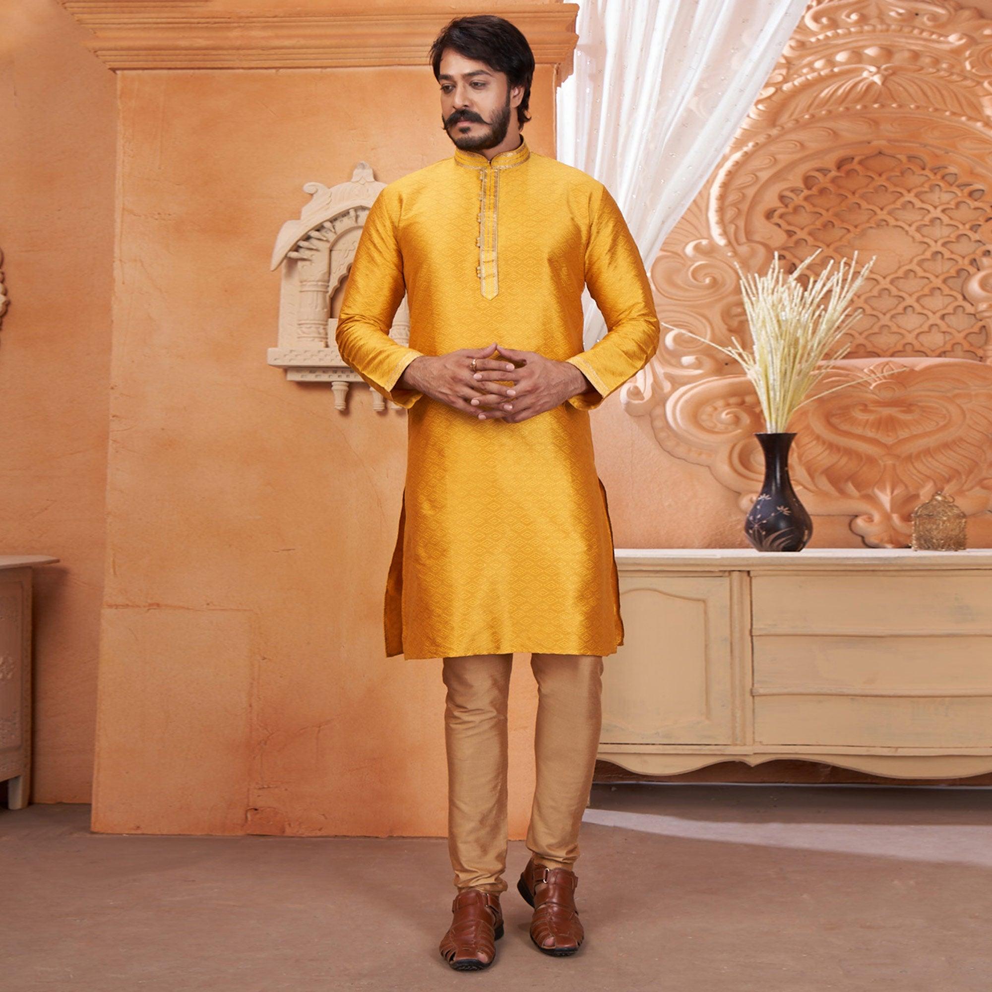 Yellow Embroidered Jacquard Art Silk Kurta Pyajama Set - Peachmode