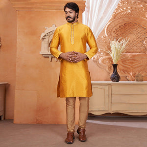 Yellow Embroidered Jacquard Art Silk Kurta Pyajama Set - Peachmode
