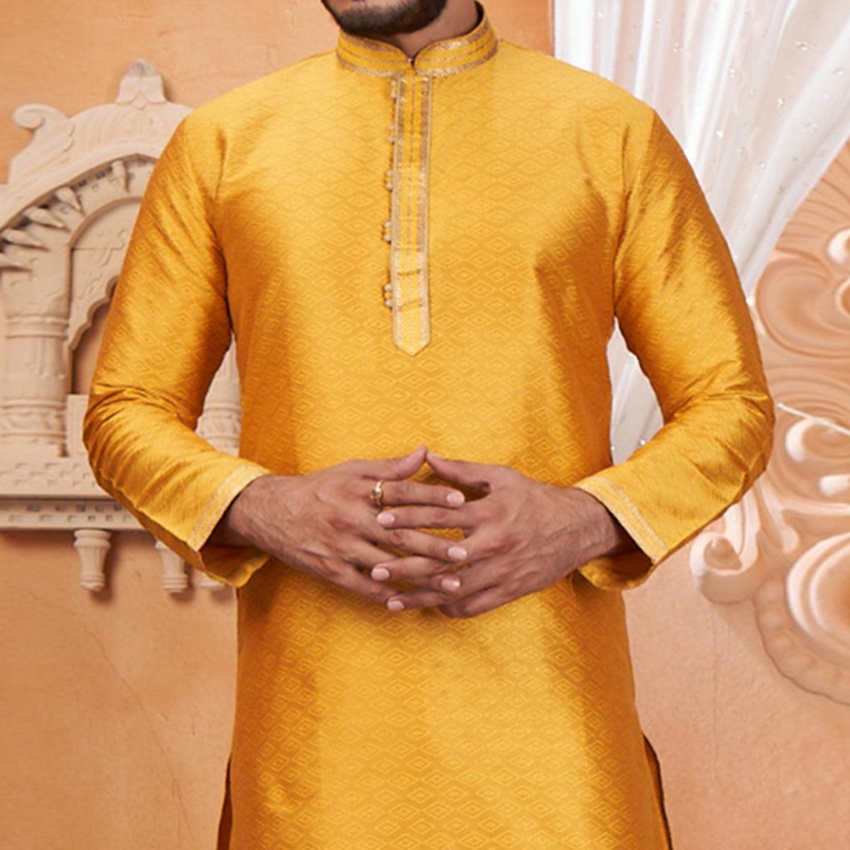 Yellow Embroidered Jacquard Art Silk Kurta Pyajama Set - Peachmode