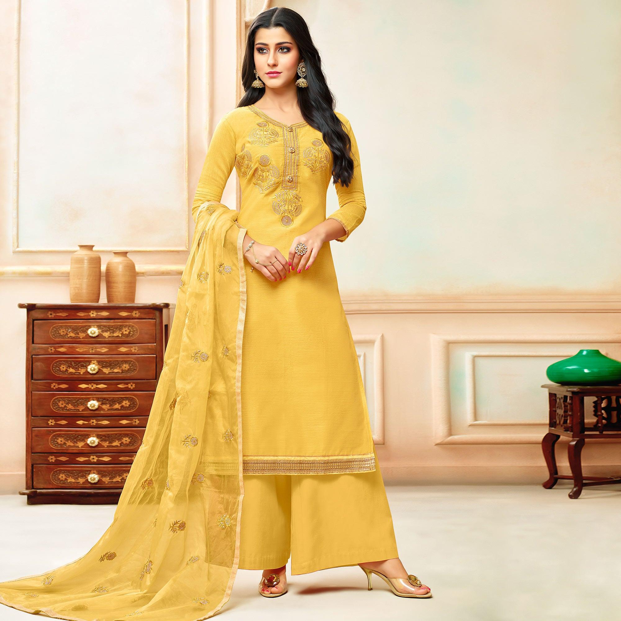 Yellow Embroidered Modal Silk Palazzo Suit - Peachmode
