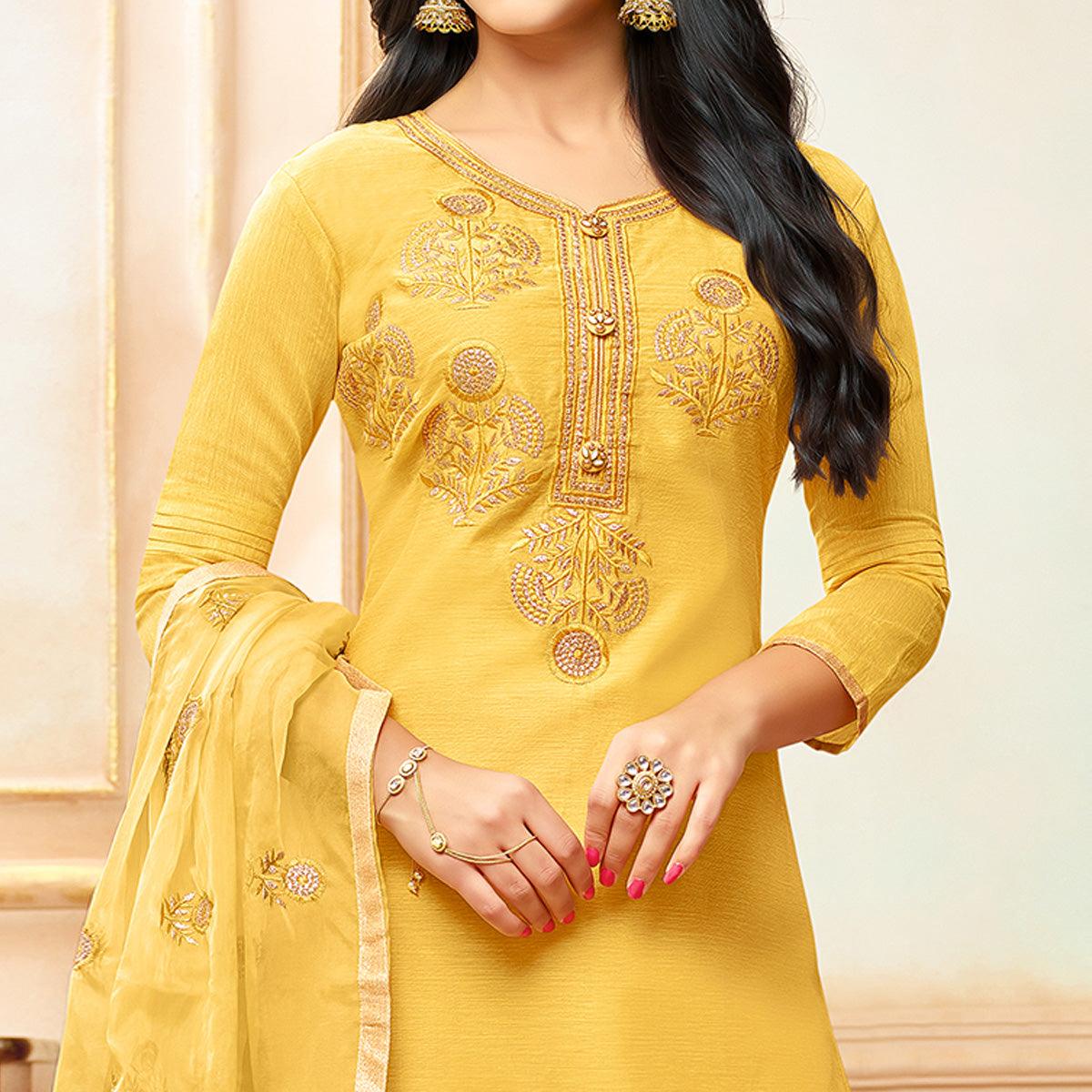 Yellow Embroidered Modal Silk Palazzo Suit - Peachmode