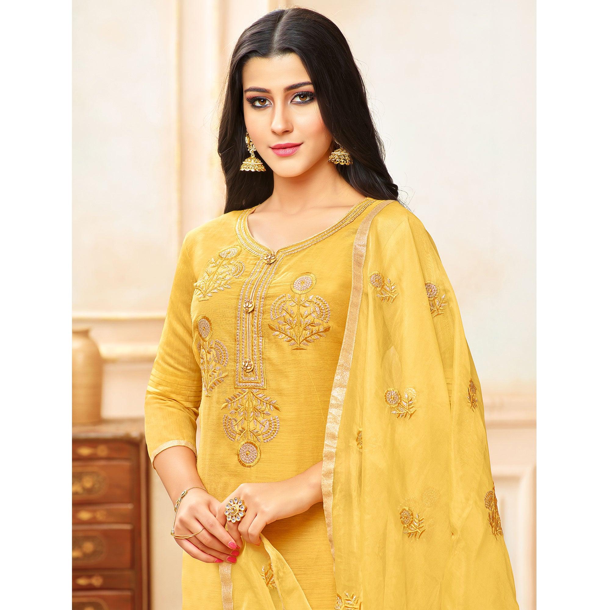 Yellow Embroidered Modal Silk Palazzo Suit - Peachmode