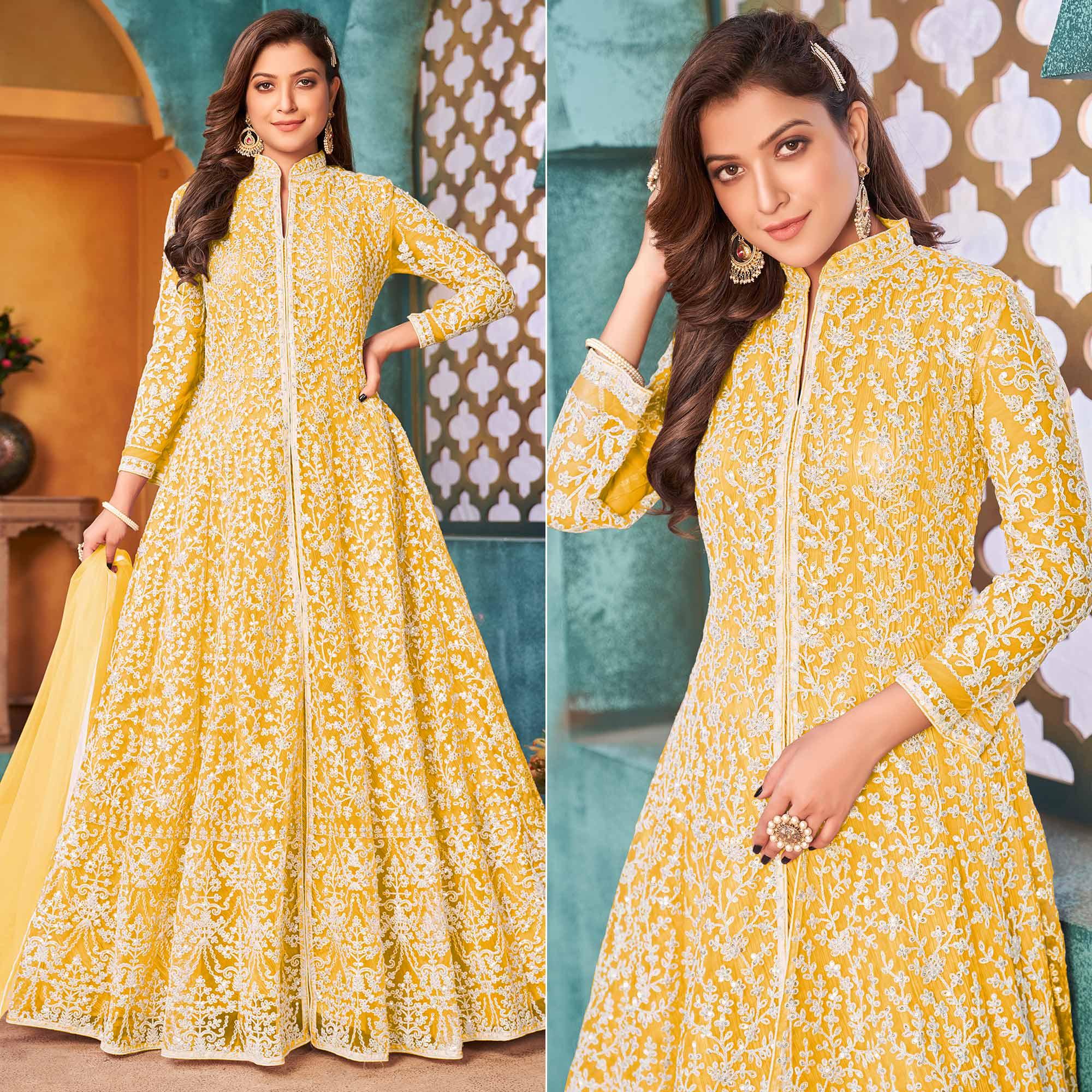Yellow Embroidered Netted Anarkali Style Gown - Peachmode