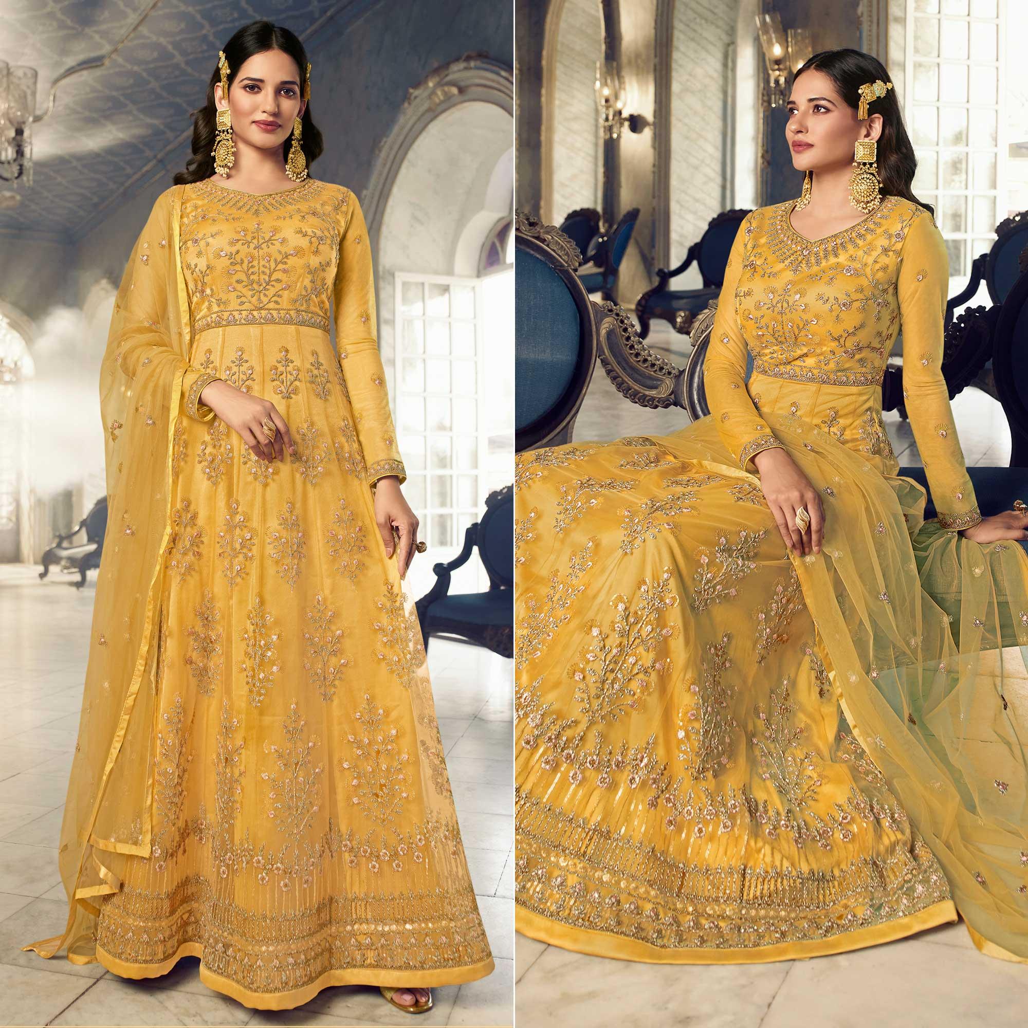 Yellow Embroidered Netted Anarkali Style Gown - Peachmode