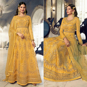 Yellow Embroidered Netted Anarkali Style Gown - Peachmode