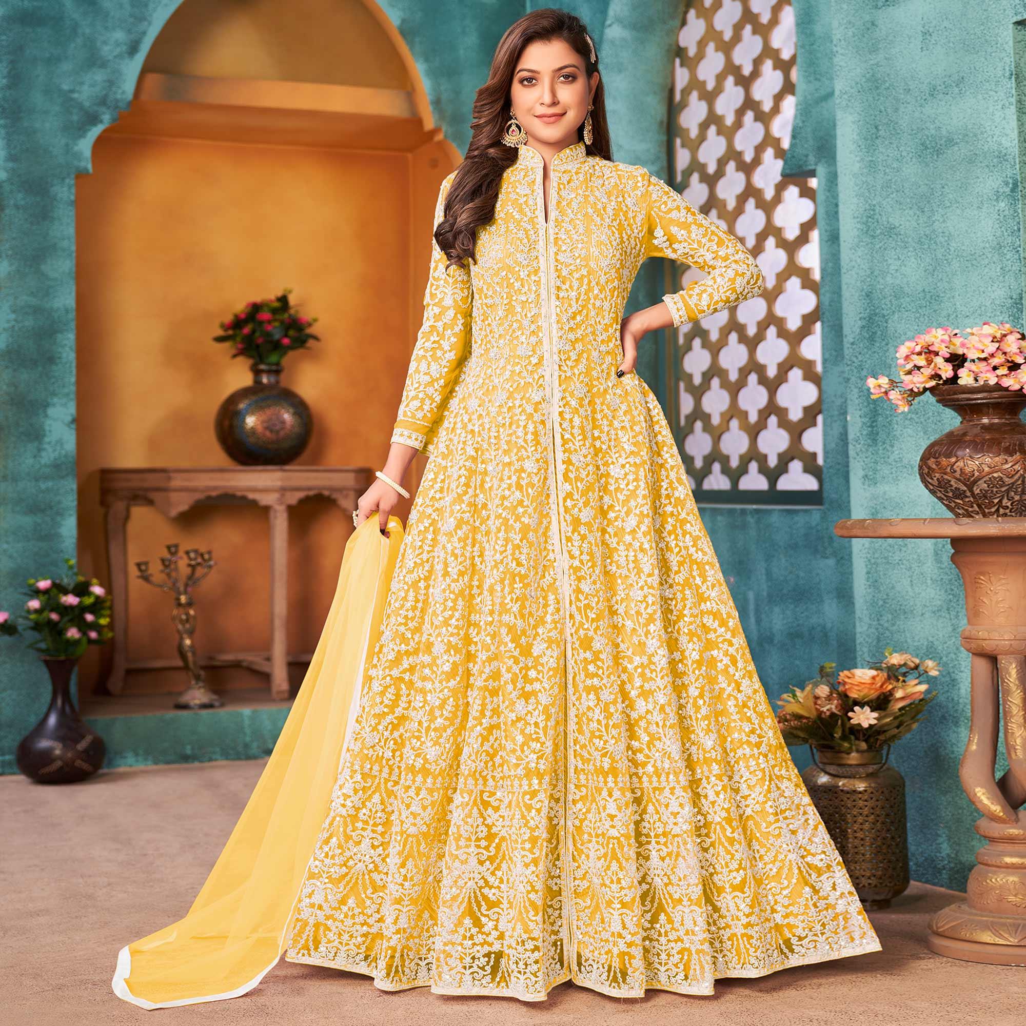 Yellow Embroidered Netted Anarkali Style Gown - Peachmode