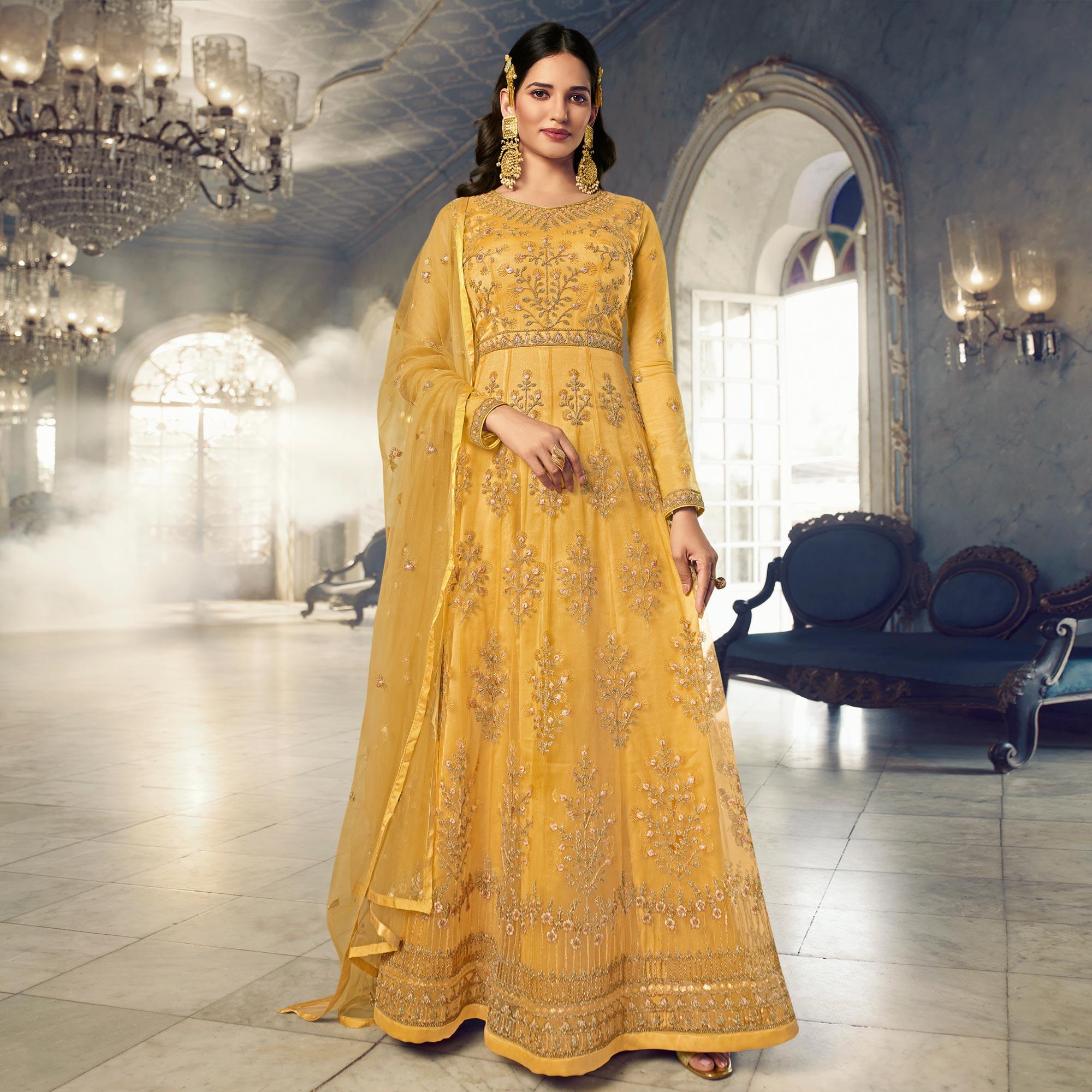 Yellow Embroidered Netted Anarkali Style Gown - Peachmode