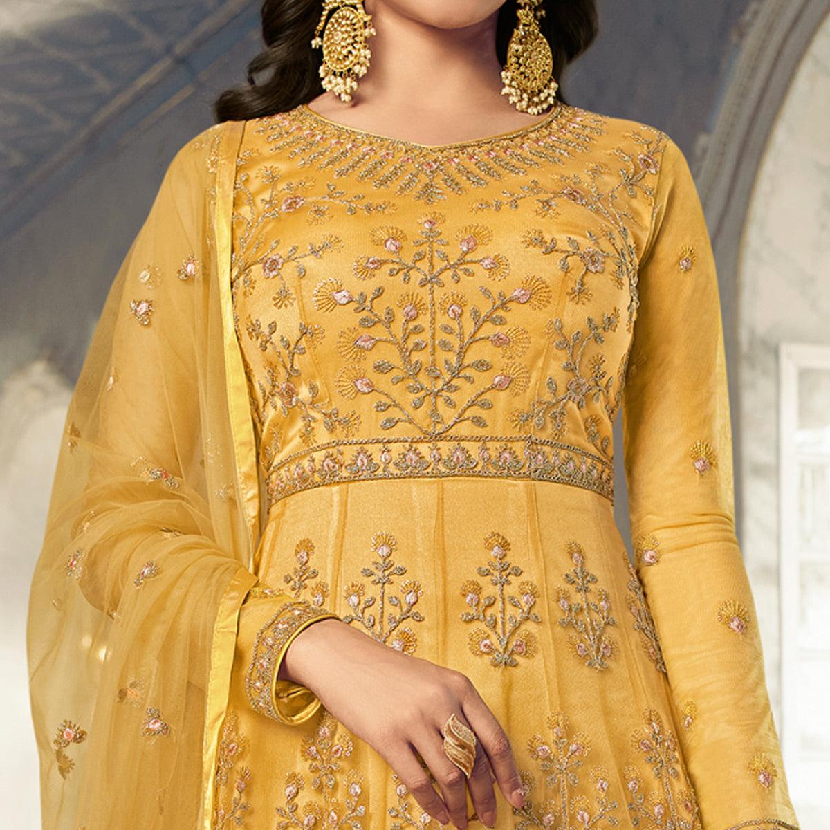 Yellow Embroidered Netted Anarkali Style Gown - Peachmode