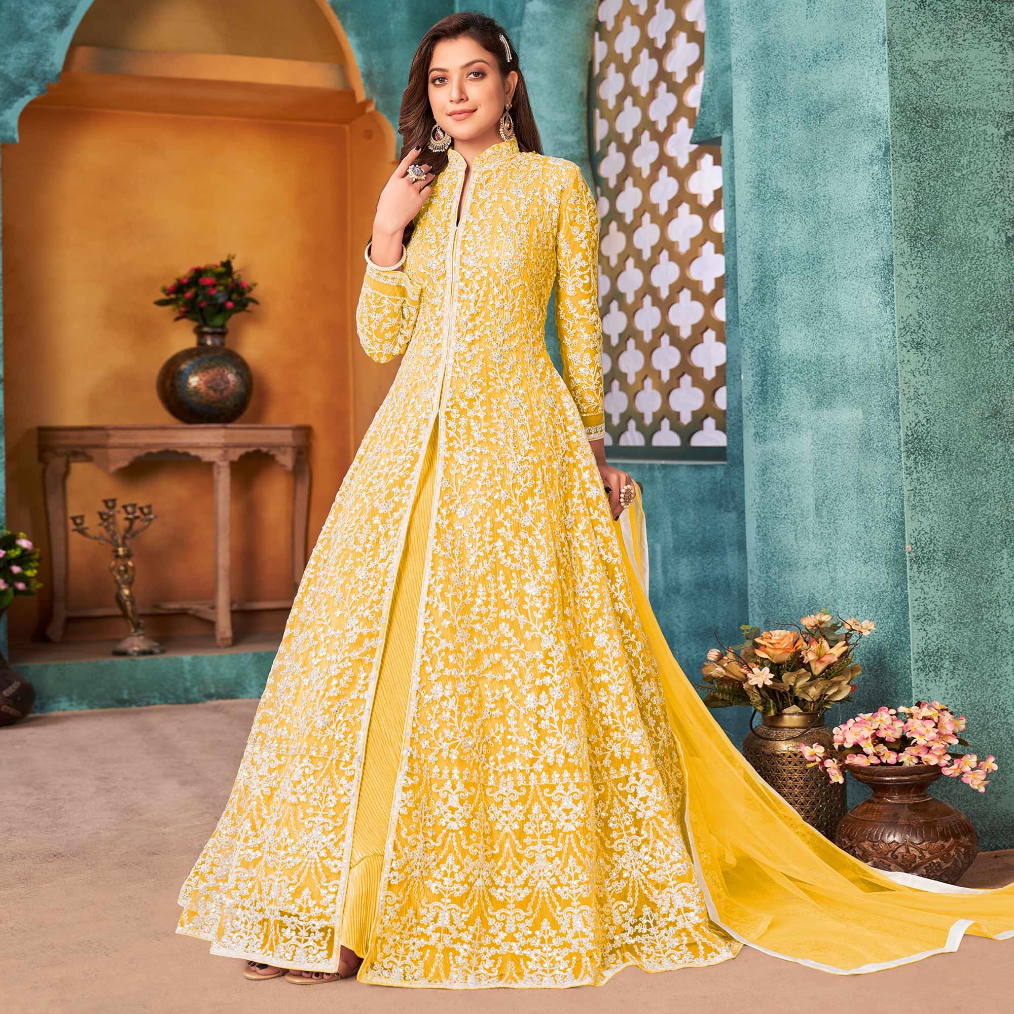 Yellow Embroidered Netted Anarkali Style Gown - Peachmode