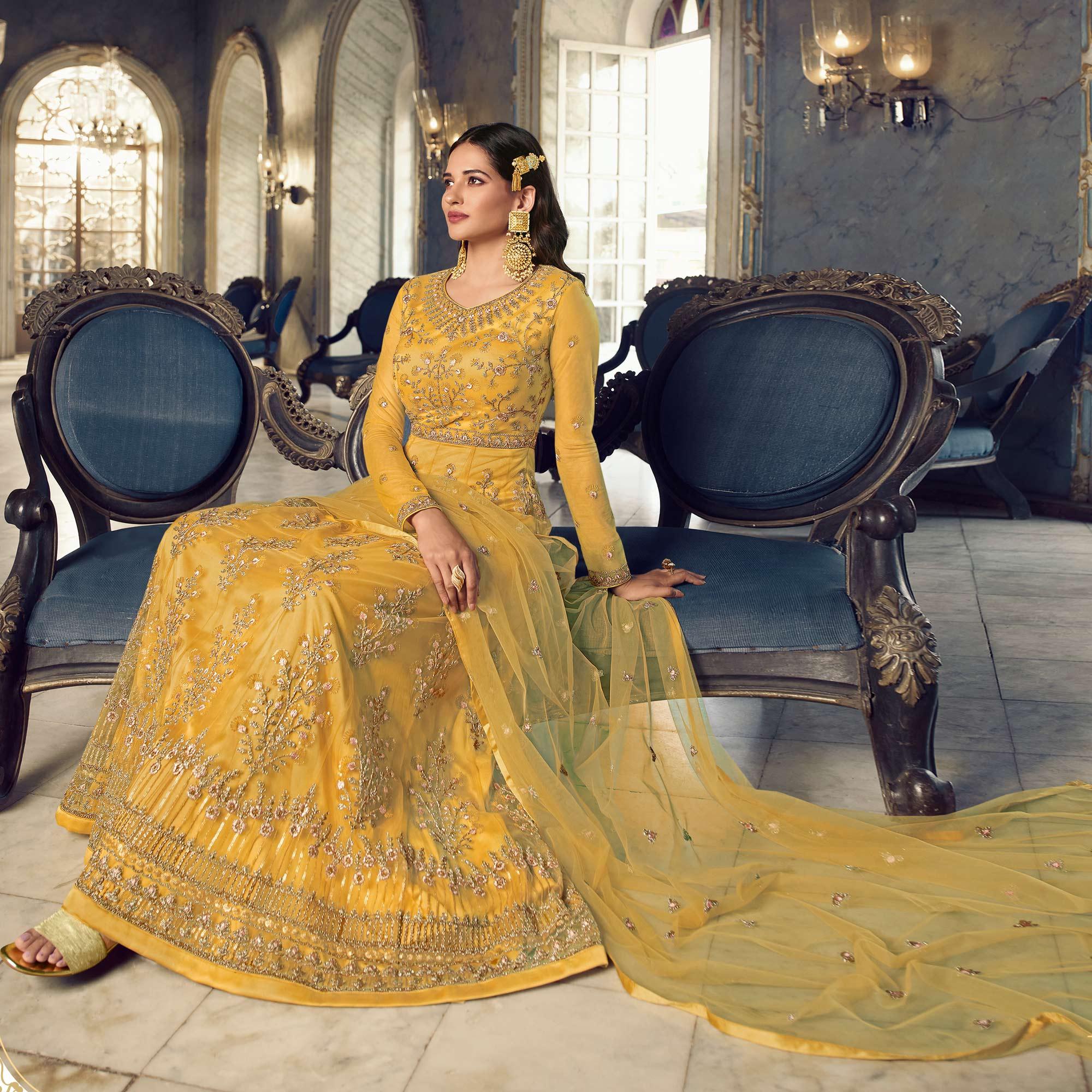 Yellow Embroidered Netted Anarkali Style Gown - Peachmode