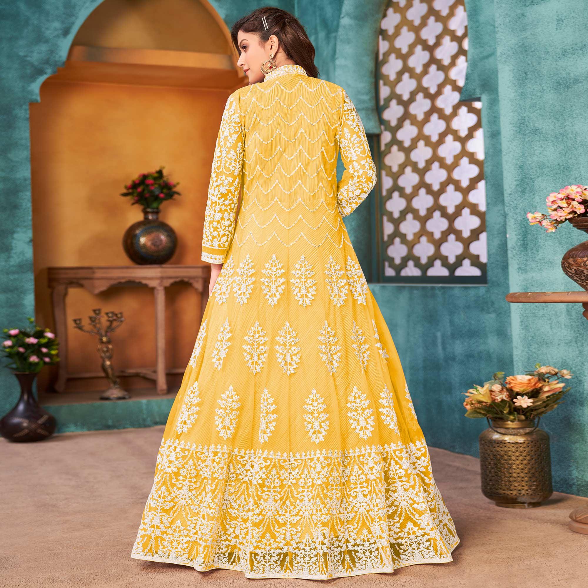 Yellow Embroidered Netted Anarkali Style Gown - Peachmode