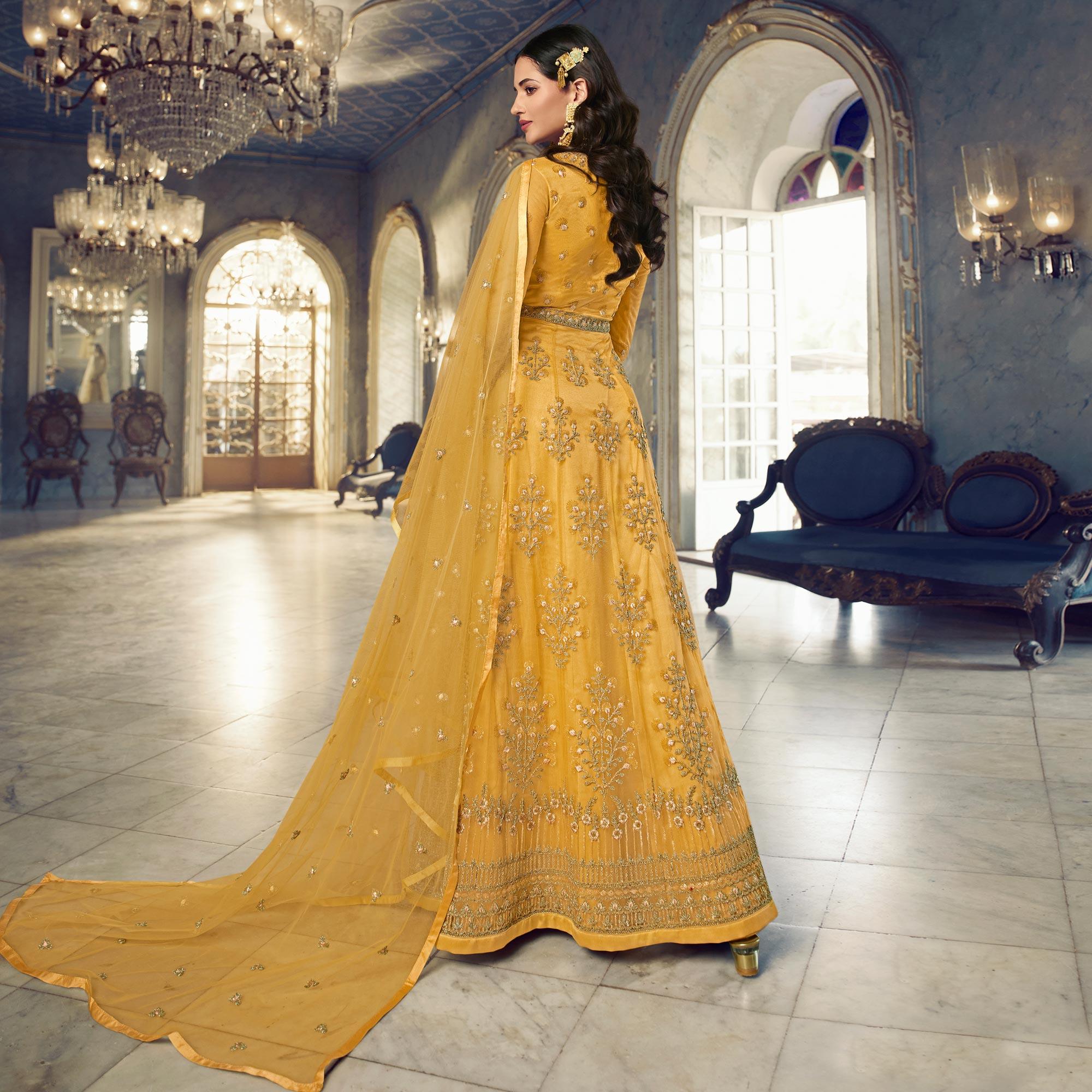 Yellow Embroidered Netted Anarkali Style Gown - Peachmode