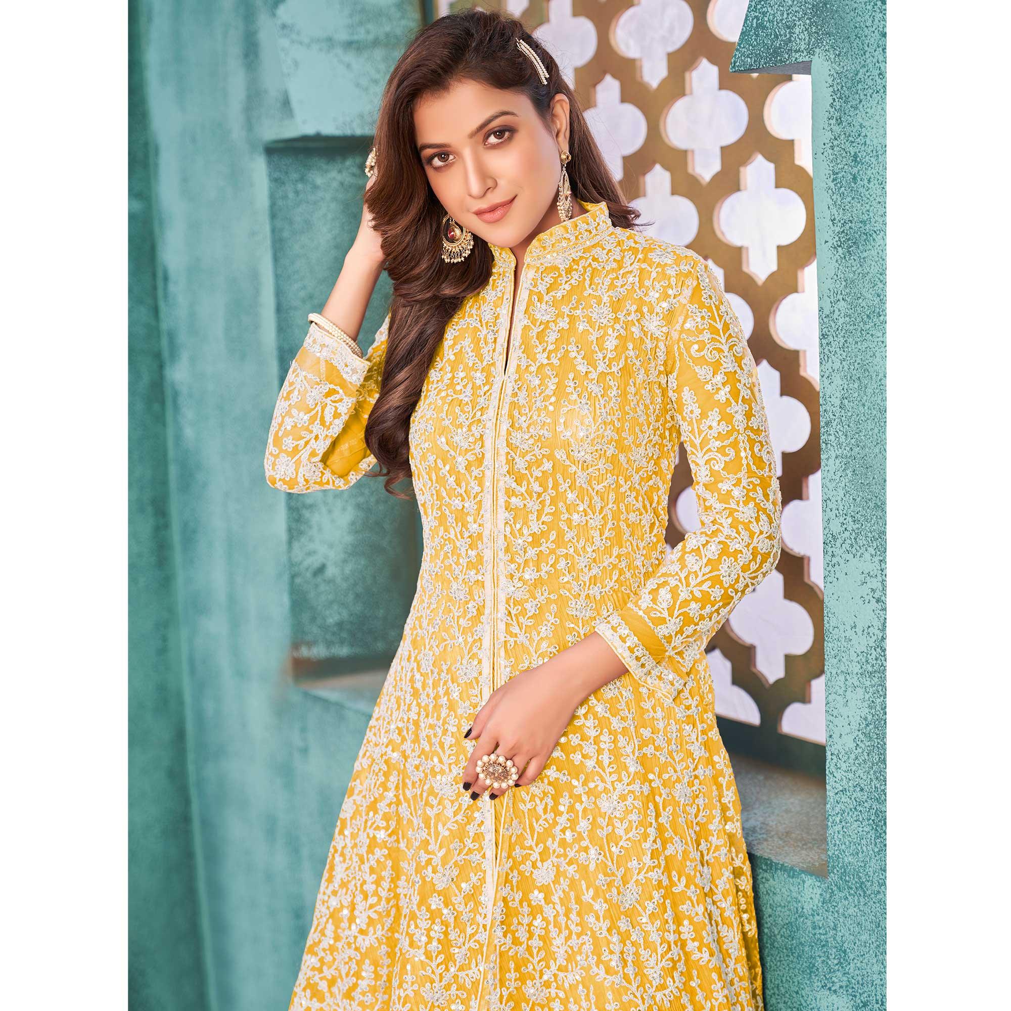 Yellow Embroidered Netted Anarkali Style Gown - Peachmode