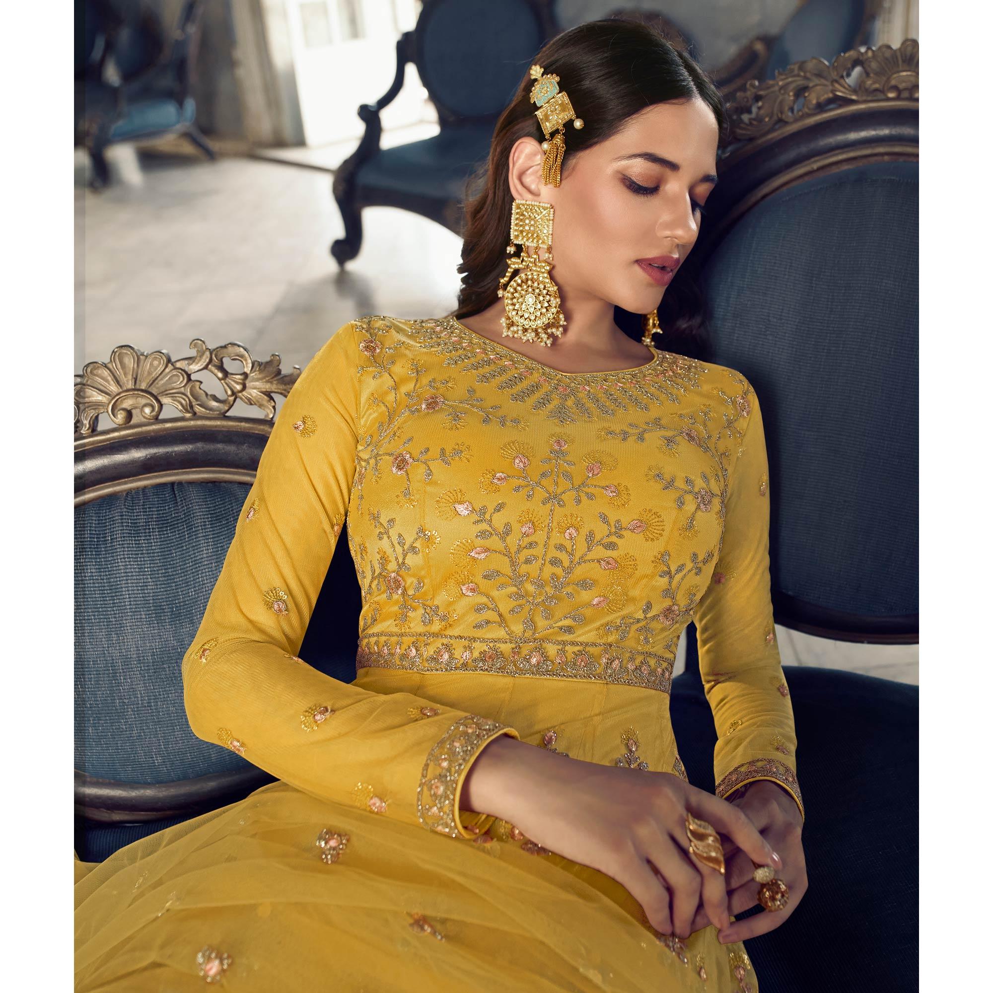 Yellow Embroidered Netted Anarkali Style Gown - Peachmode