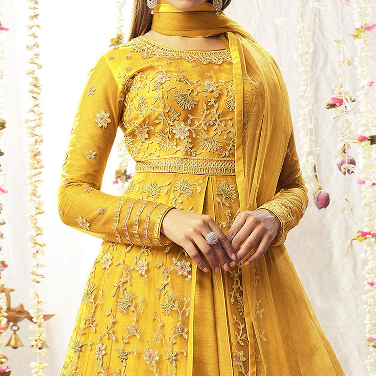 Yellow Embroidered Netted Anarkali Suit - Peachmode