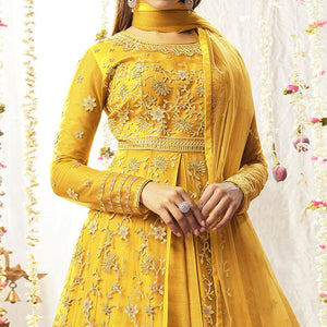 Yellow Embroidered Netted Anarkali Suit - Peachmode