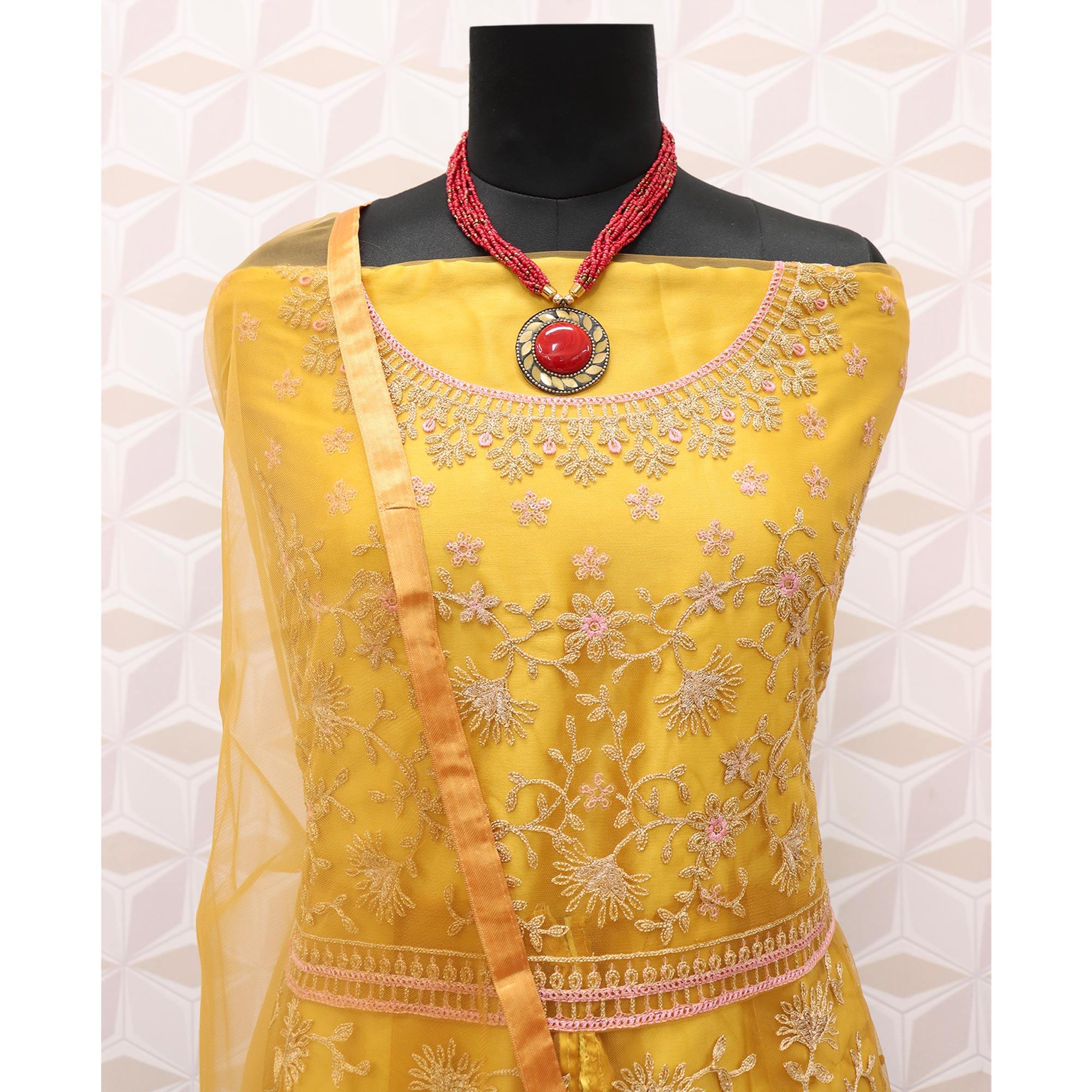 Yellow Embroidered Netted Anarkali Suit - Peachmode
