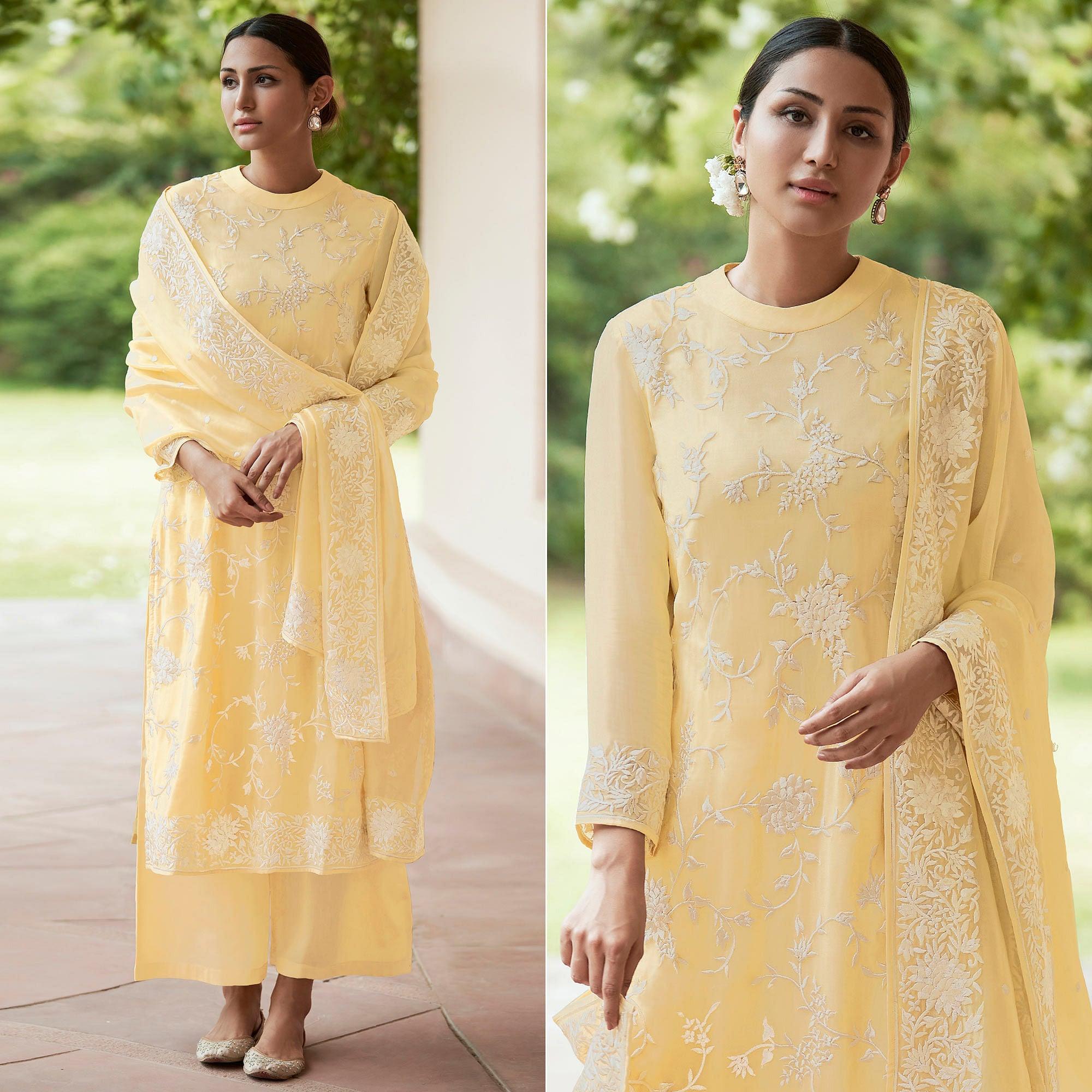 Yellow Embroidered Organza Palazzo Suit - Peachmode