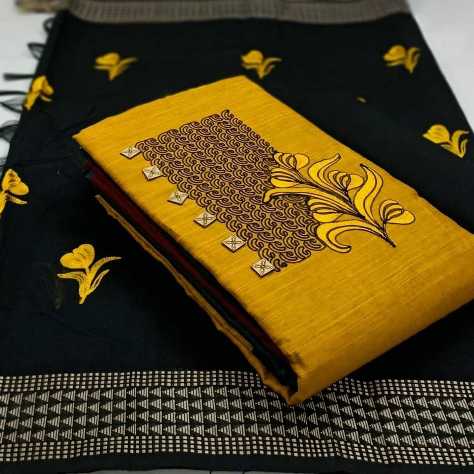 Yellow Embroidered Poly Cotton Dress Material - Peachmode