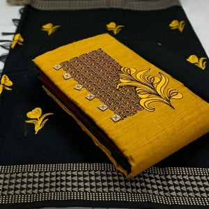 Yellow Embroidered Poly Cotton Dress Material - Peachmode