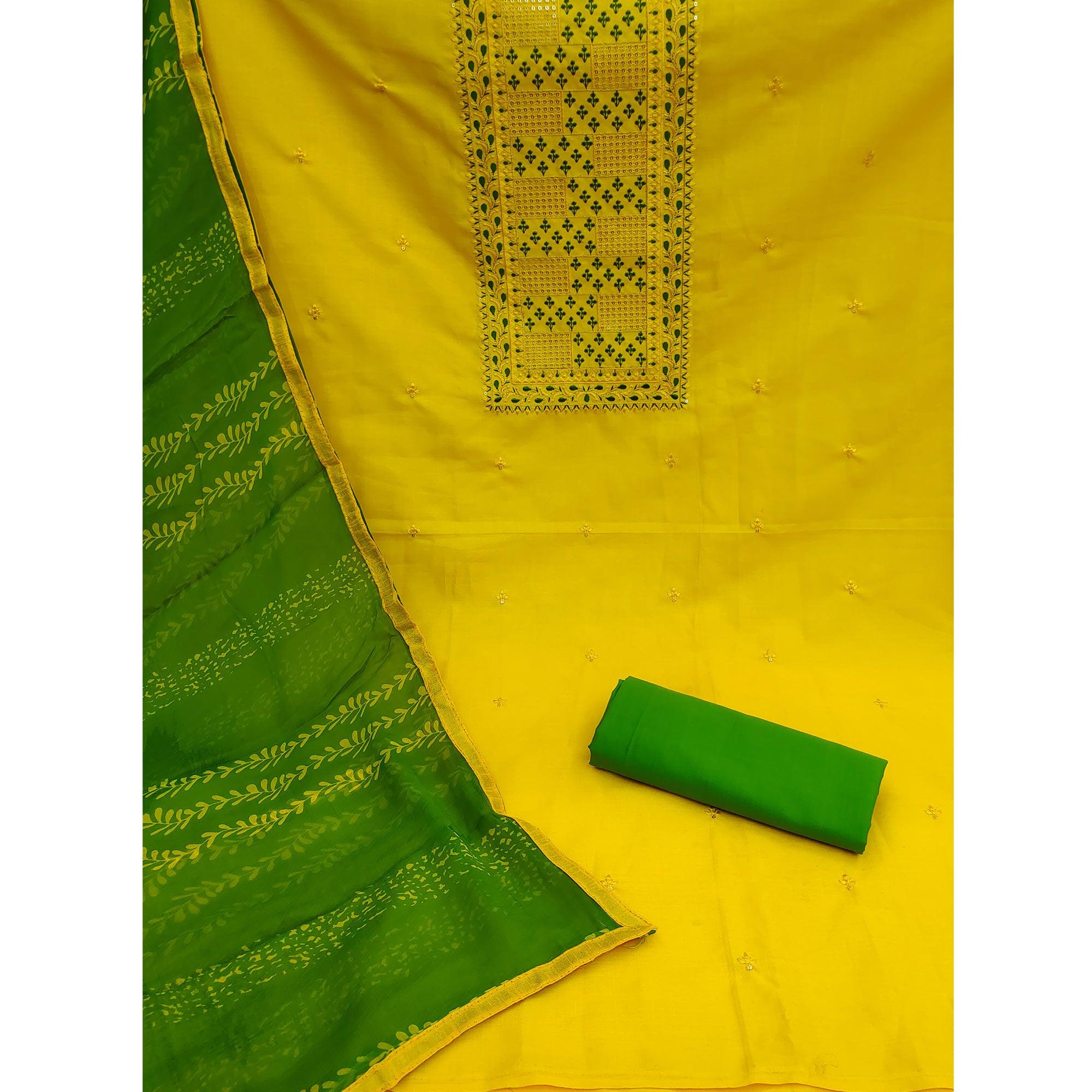 Yellow Embroidered Poly Cotton Dress Material - Peachmode