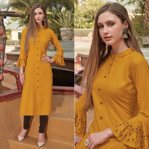 Yellow Embroidered Poly Cotton Kurti - Peachmode
