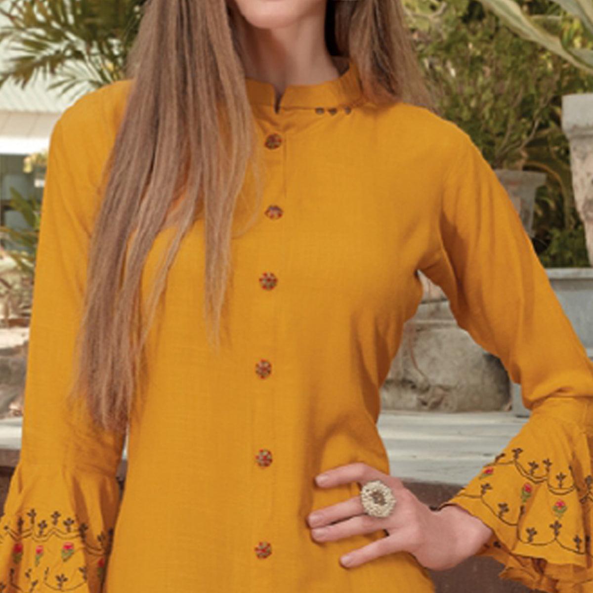 Yellow Embroidered Poly Cotton Kurti - Peachmode