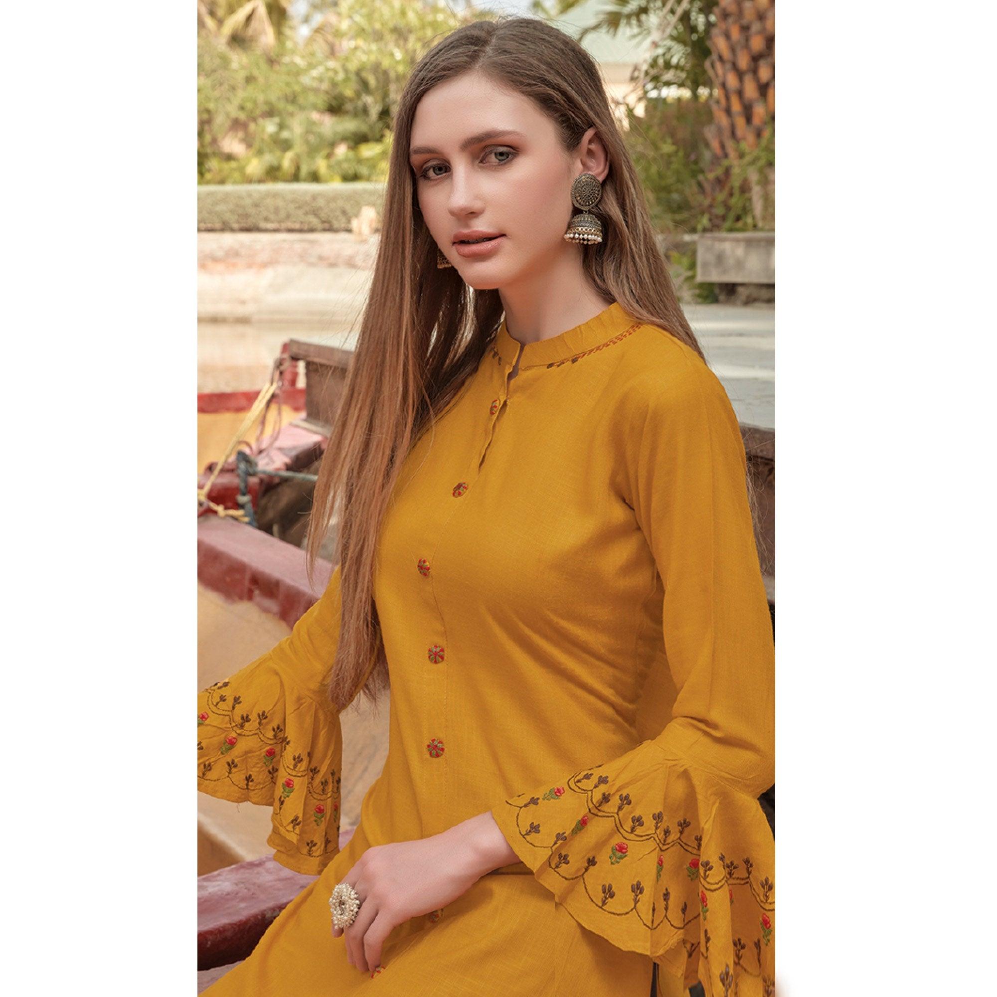 Yellow Embroidered Poly Cotton Kurti - Peachmode