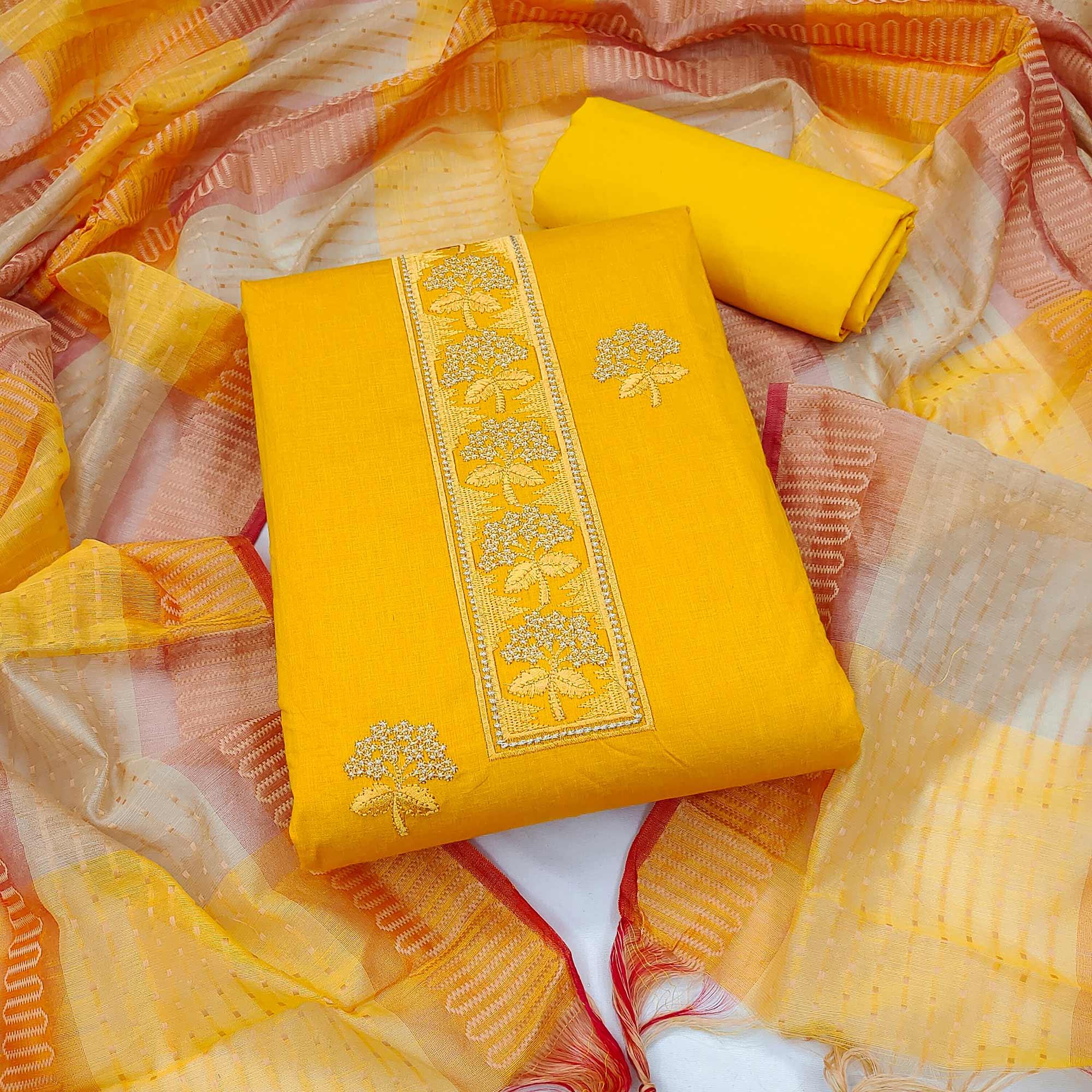 Yellow Embroidered Pure Cotton Dress Material - Peachmode