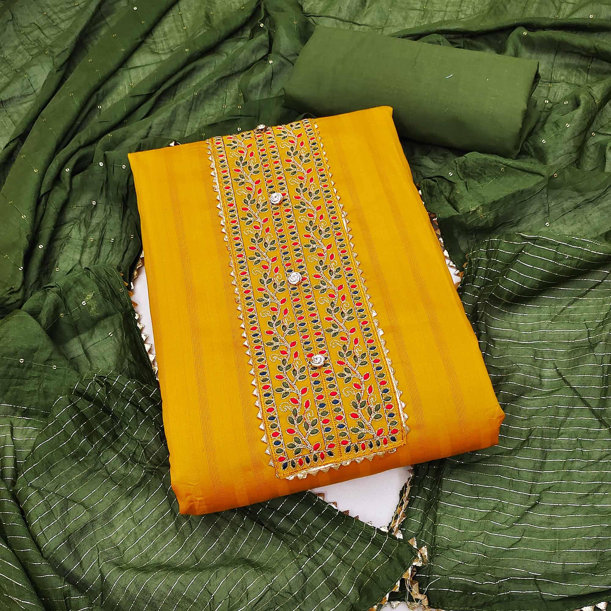 Yellow Embroidered Pure Cotton Dress Material - Peachmode