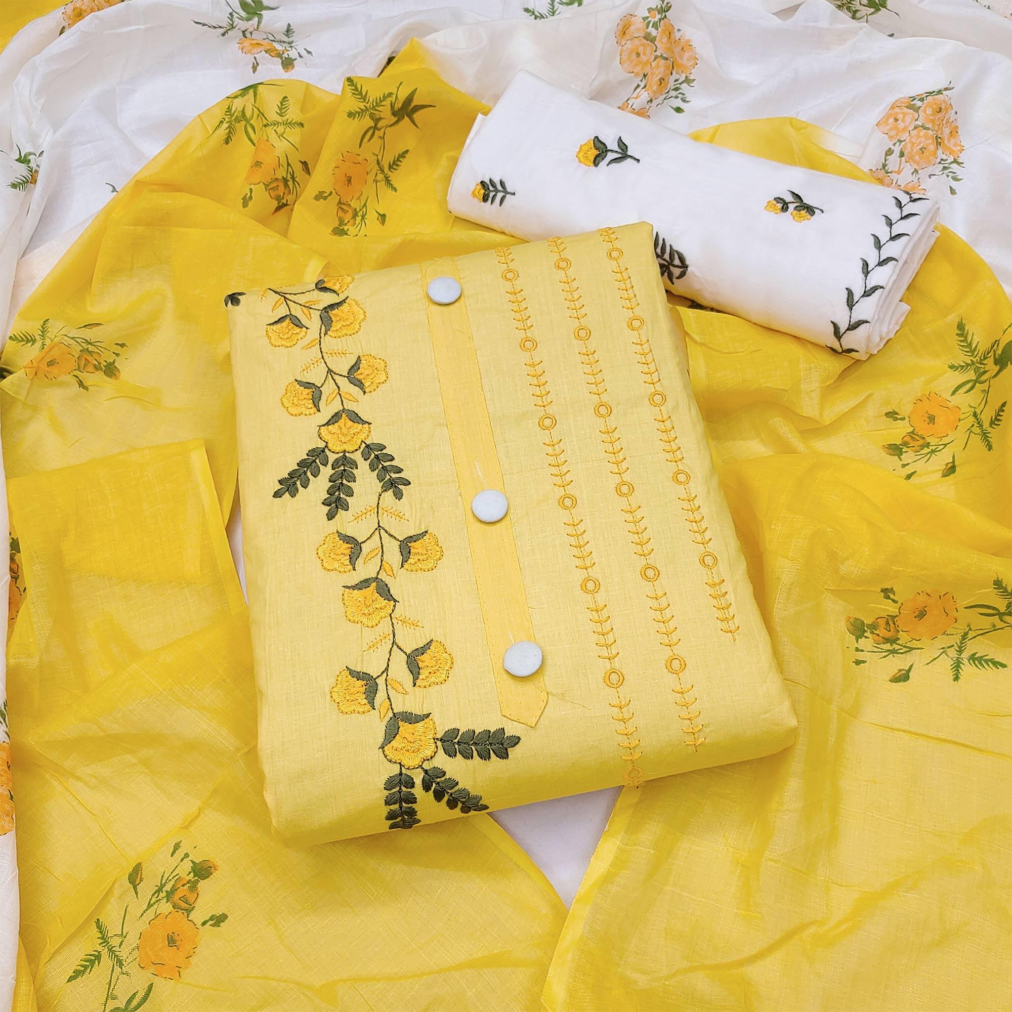 Yellow Embroidered Pure Cotton Dress Material - Peachmode