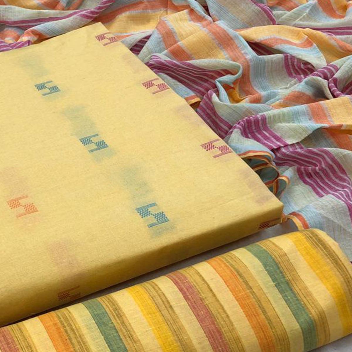 Yellow Embroidered Pure Cotton Dress Material - Peachmode