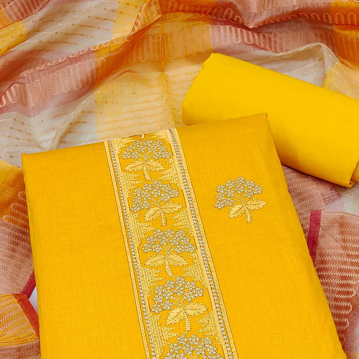 Yellow Embroidered Pure Cotton Dress Material - Peachmode