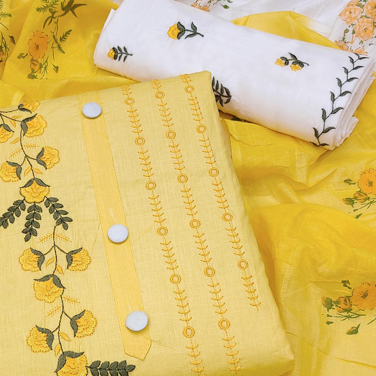 Yellow Embroidered Pure Cotton Dress Material - Peachmode