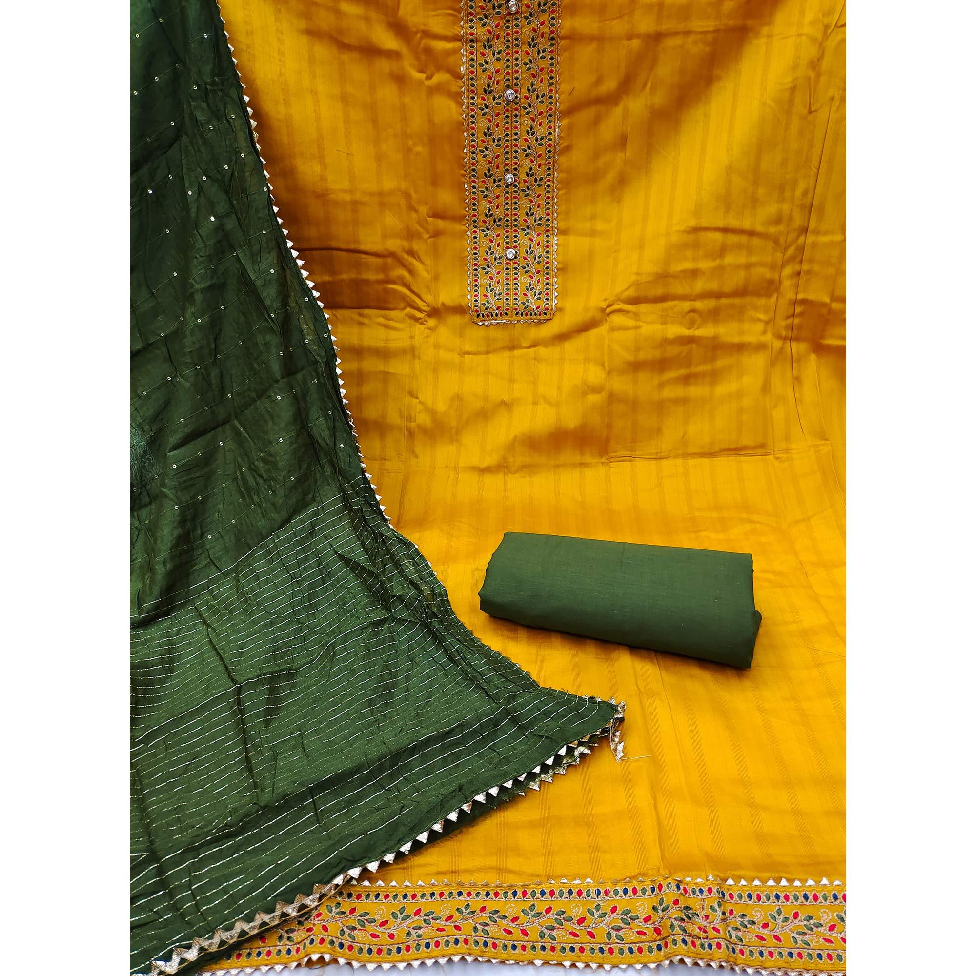 Yellow Embroidered Pure Cotton Dress Material - Peachmode
