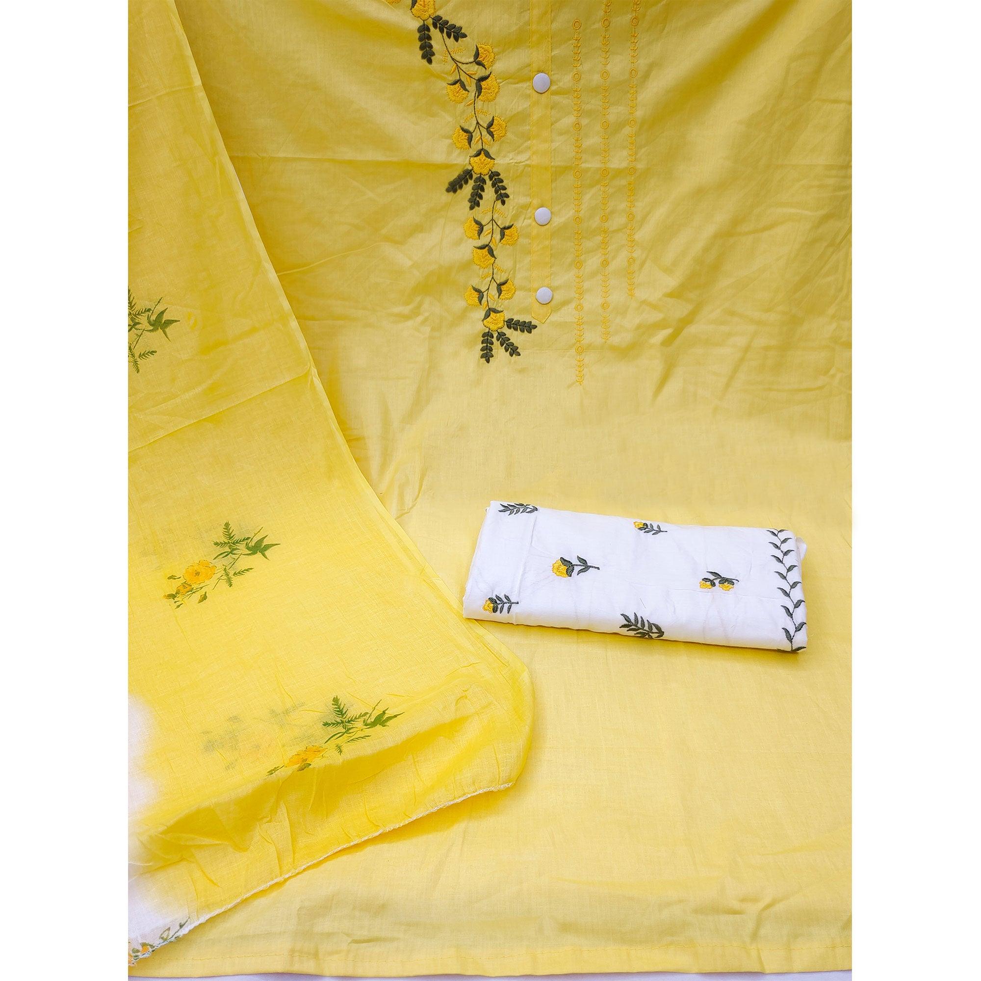 Yellow Embroidered Pure Cotton Dress Material - Peachmode