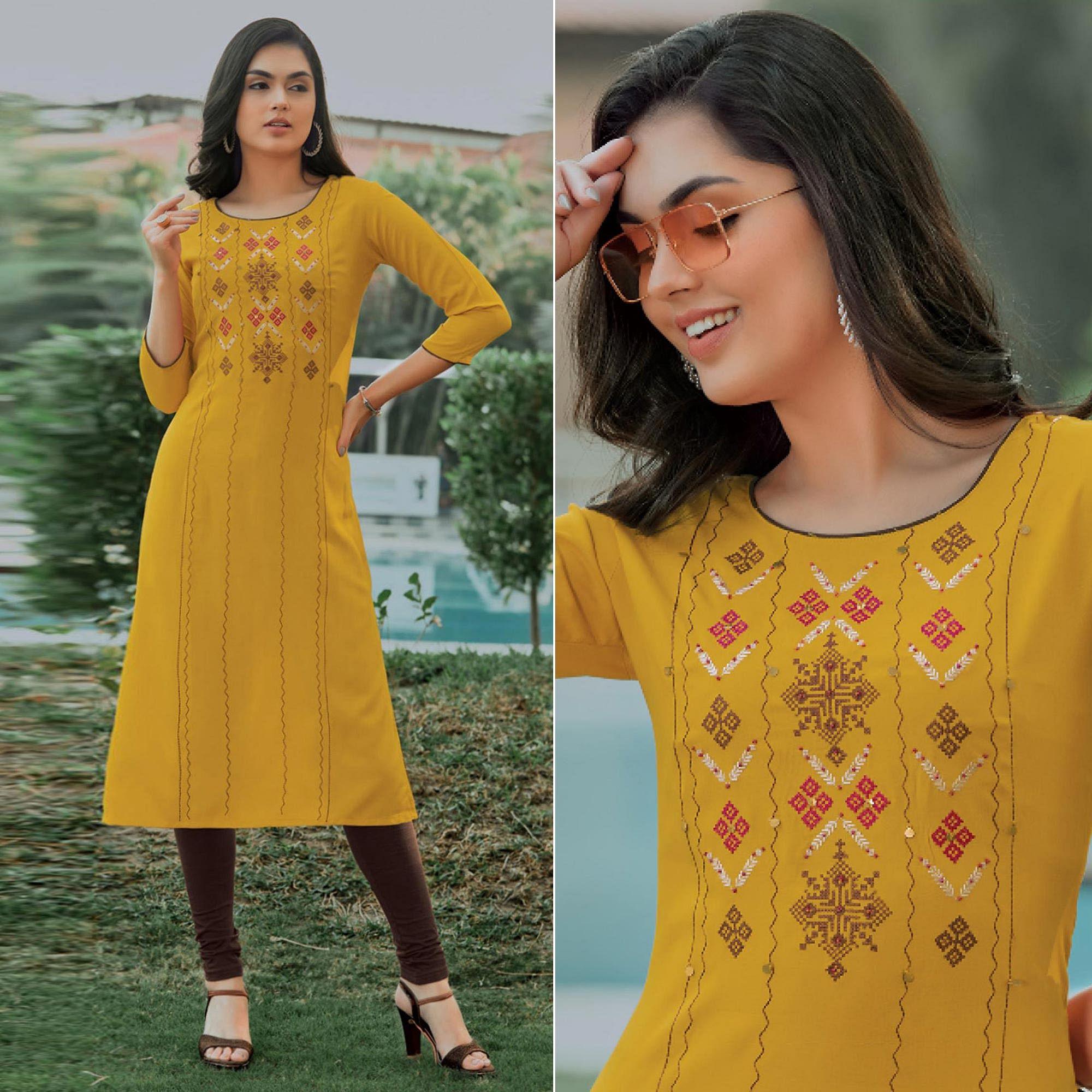 Yellow Embroidered Pure Cotton Kurti - Peachmode